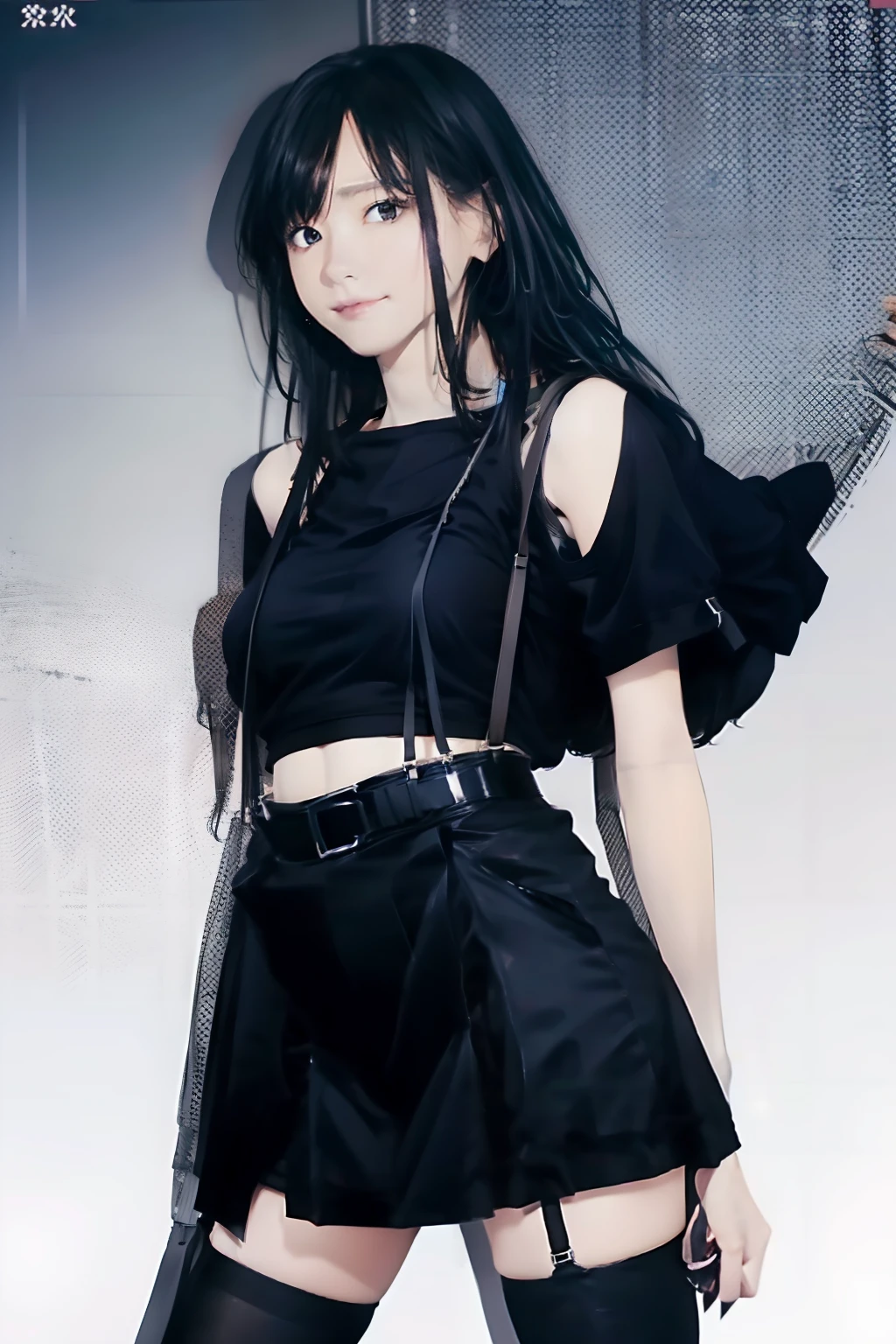 a black skirt, , Tank tops suspenders, Long Black Hair, Gray eyes, holster, Garter belt on the legs, , Moderate breasts and tight clothes, both sides Behind no-bra