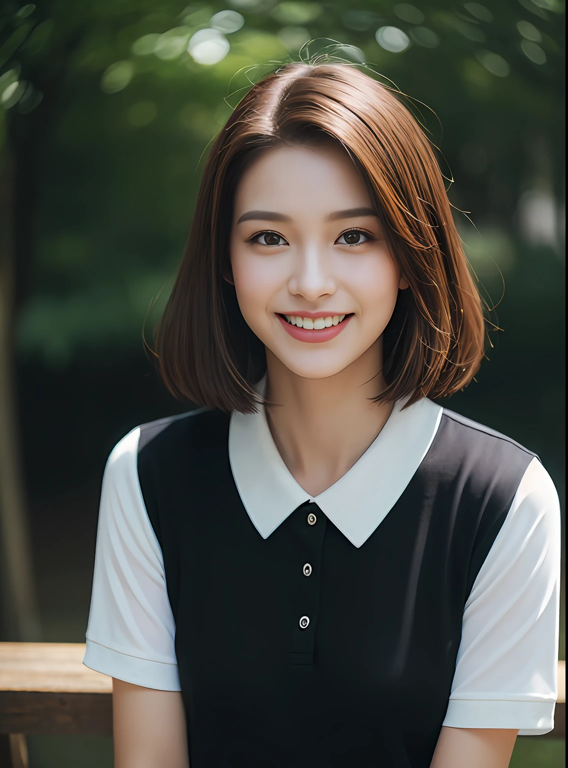 ((Realistic lighting, best qualtiy, 8K, tmasterpiece:1.3)), foco nítido:1.2, 1girll, Beautiful Women in Perfect Figure:1.4, Slim abs:1.1, ((dark brown hair)), (polo shirts:1.4),(outside of house,1.1),A smile、Urban parks,Ultra-fine face,Fine eyes,二重まぶた,