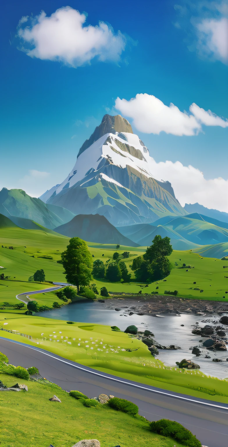 Mountains and rivers in green valleys,There is a way, epic landscapes, beatiful mountain background, Detailed scenery —width 672, epic landscapes, most epic landscape, disney inspired landscape, background artwork, mountainous setting, 4k hd matte digital painting, 4k highly detailed digital art, 4 K resolution concept art, arte renderizada, epic mountains in the background