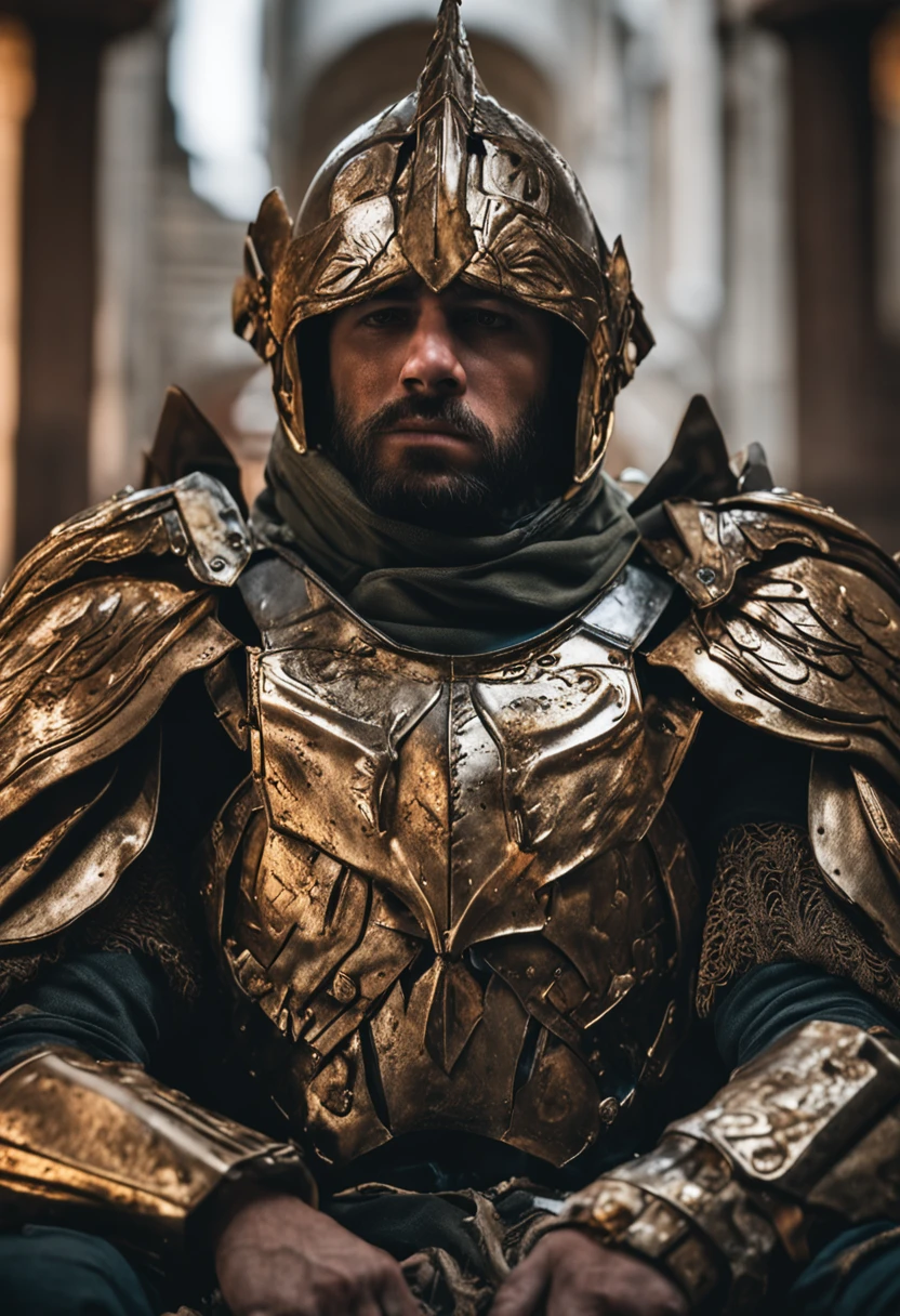 1 man,(sit astride),Masterpiece, Absurd, Award-winning photo, Extremely detailed, Amazing, masculine details, Extremely detailed eyes and face, author:Lee Jeffreys Nikon D850 Film Stock Photography 4 Kodak Portra 400 Camera F1.6 lens rich colors hyper realistic texture realistic lighting dramatic lighting unrealengine trend in artstation cinestill 800 tungsten, Young man, strong looking(( Archangel Warrior 1), large wings (1 Angel warrior big wings, cherubs in a gold armor and accessories, Golden wings, wearing AGF:1.1), (Redshift style:1.1), (Style, Realistic, photographed, professional, High contrast, 1boys, sit astride,Crotch view,expressive look, hdr, Highest quality, Sharp focus, looking at viewert, Facing the viewer, 8K, Blue eyes, Wearing (Male paladin_glam armor, armor decorated with jewels, paladin armor: 1.15), Final Fantasy XIV setting, ultra sharp resolution, Cinematic lighting, Sharp focus, (illustration: 1.1), Intricate,1 Archangel, Short-haired Catholic, wearing a robe and armor, sit astride,spread their legs,Golden, Silver, and broze, pondering over one with swords, Golden Hoop Stick, church in classical style, columns detail Corinthias poorly lit, hall bright lights, flashing lights,