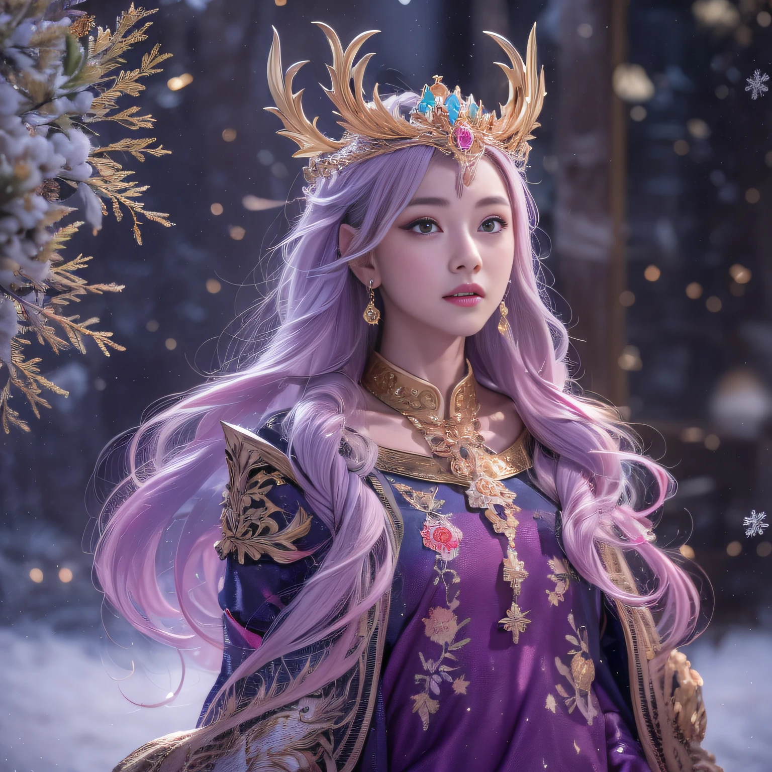 32K（tmasterpiece，k hd，hyper HD，32K）Purple-pink flowing hair，Gold jewelry area in the back room，King Girl ，Rusty Copper Dragon Protector （realisticlying：1.4），Python pattern robe，Purple-pink tiara，Snowflakes fluttering，The background is pure，Hold your head high，Be proud，The nostrils look at people， A high resolution， the detail， RAW photogr， Sharp Re， Nikon D850 Film Stock Photo by Jefferies Lee 4 Kodak Portra 400 Camera F1.6 shots, Rich colors, ultra-realistic vivid textures, Dramatic lighting, Unreal Engine Art Station Trend, cinestir 800，Hold your head high，Be proud，The nostrils look at people，Tsundere，Snowflakes fluttering，Snowflakes fluttering，Snowflakes fluttering，Snowflakes fluttering，Impeccable，( reasonable design, Clear lines, High sharpness,Best quality, Very detailed, Masterpiece, offcial art, movie light effect, 4K )