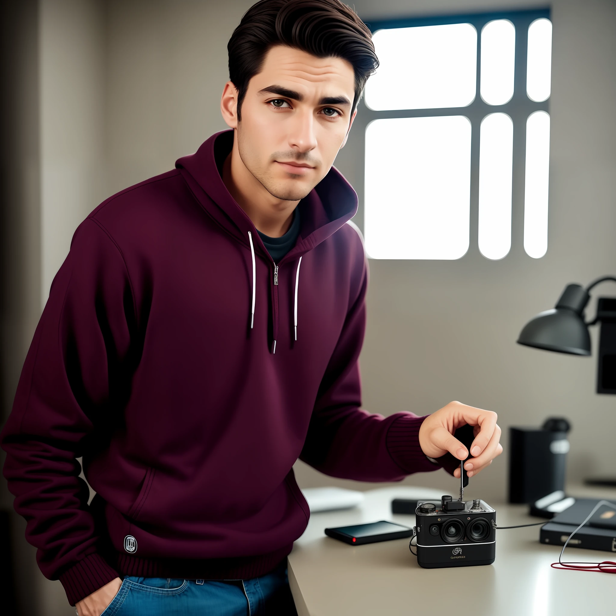 A handsome young man，35yo，Wearing a burgundy sweatshirt，crewneck，Put your hands in your trouser pockets，(Cyborg:1.1)，([Tail | detailed wire]:1.3)，(Complicated details)，hdr，(Complicated details，ultra - detailed:1.2)，Cinema lenses，Vignette，at centre