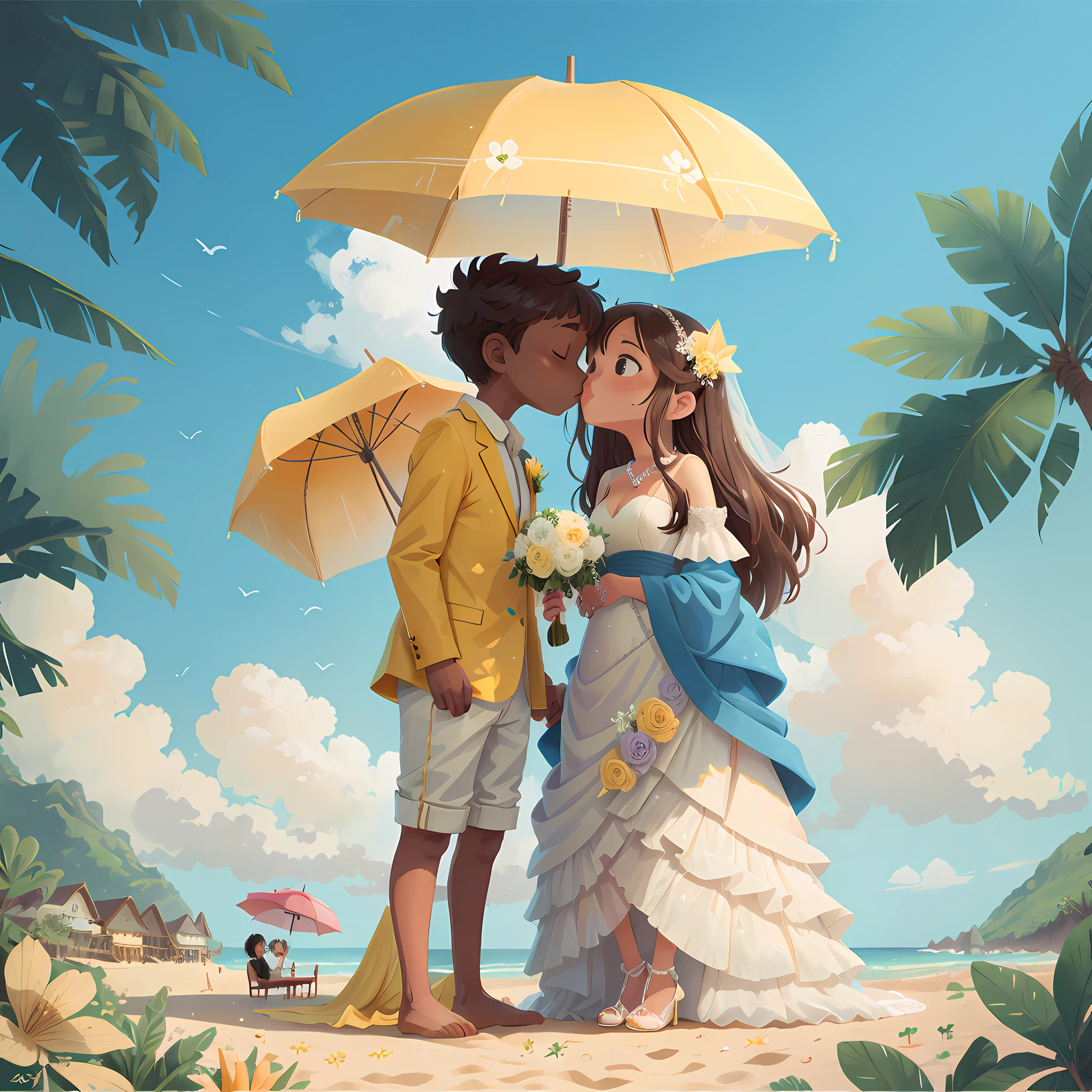 The bride and groom kiss with yellow umbrellas on the beach, yellow parasol, wedding photo,sea beach、the ocean、Umbrellas、In the daytime、sandbeach、Shared umbrellas、shores、exteriors、parasols、horizon、Eau、The clothes ar、swell sea、Beach umbrellas、Skysky、Dark skin、blue-sky、clouds、(1man 1girl:1.3)、hold、(couple)、white clothes、brown hair、wedding gown、A desert、Dark-skinned woman、Weddings、florals、veils、clouds、(Holding flowers in hand:1.2)