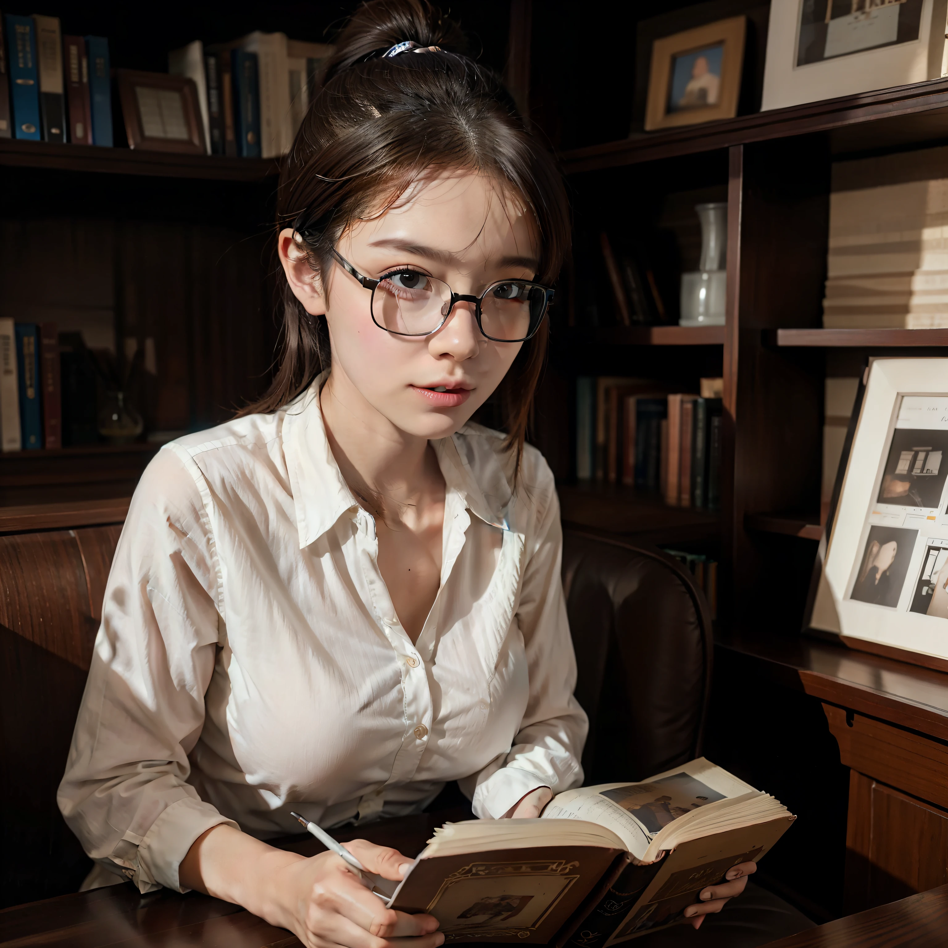 20 yo woman, brunette color hair, Short ponytail, thin frame glasses, Thinking face, (Wear an open button shirt), (Large breasts), Sat down, Learn, BREAK BREAK BREAK, Take a pencil, opened book,Big books, glass of milk, table light, BREAK BREAK BREAK, in living room, Wall decoration, Mini library, glass window, wall clock, BREAK BREAK BREAK, cinematric light, realisticlying, tmasterpiece, Best quality at best, Complex CG,Highly detailed face,High detail eyes,
