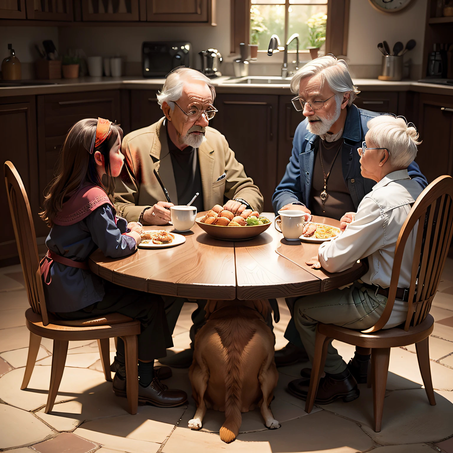 mtu,woman,A old man,,The dogs sit around the round table to eat