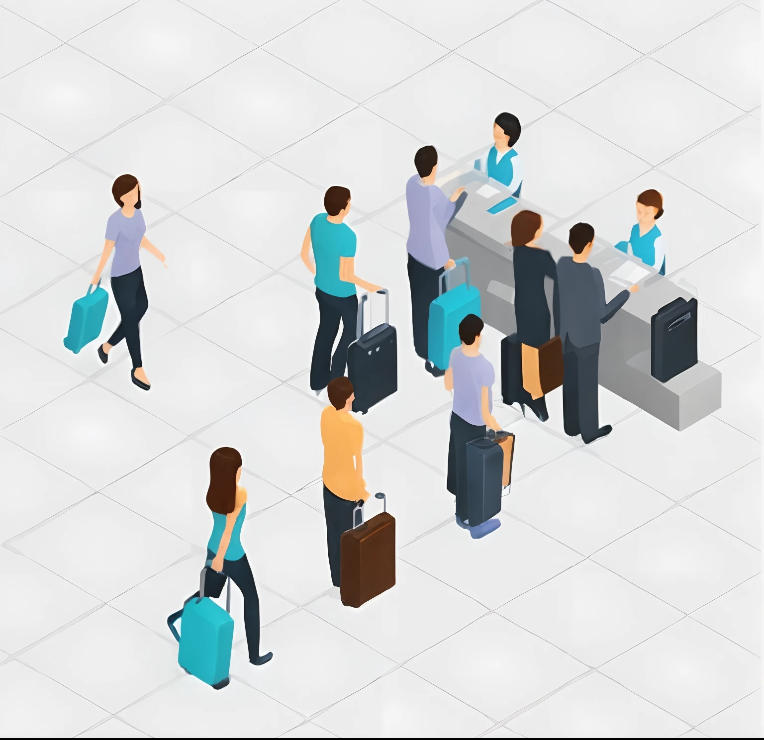 people are standing around a check in counter at an airport, crowded airport, isometric illustration, customers, flat illustration, busy crowds, isometric design, people walking around, simple illustration, rendering, prerendered isometric graphics, illustration, isometric style, reddit post, bustling with people, accurate isometric viewpoint, isometric, small crowd of people, in line