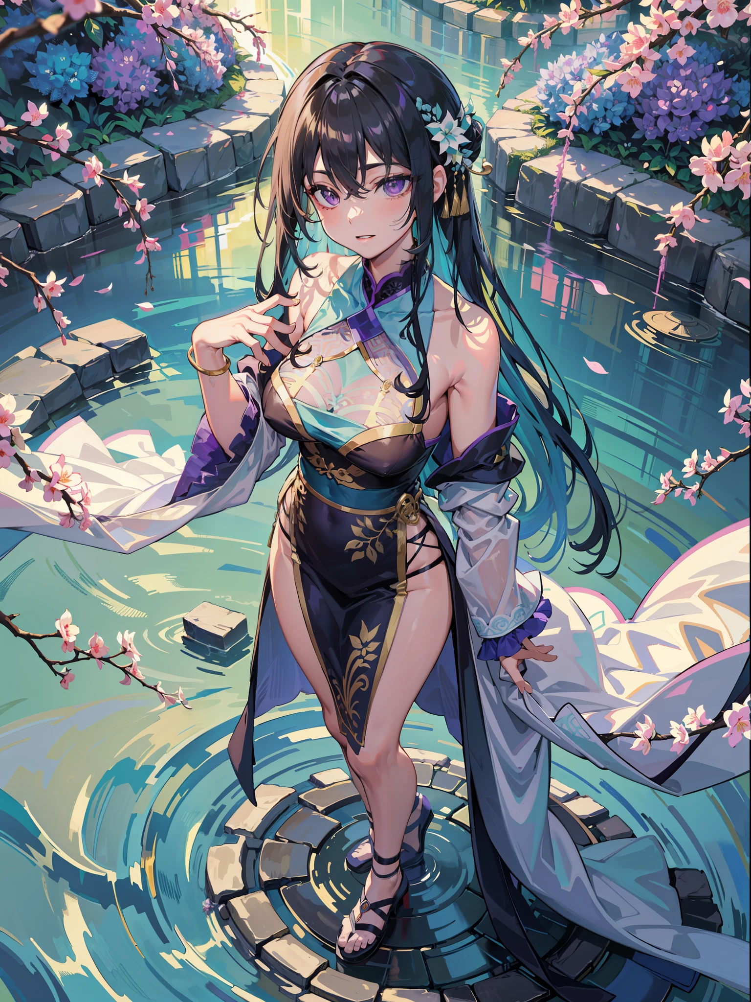 (8 K,Optimal image quality),The viewing angle is from top to bottom,femele,Hand refinement,Black waist-length hair,Purple eyes full of love,Golden pupils,Pursing his lips,A shallow smile,The purple fringed shawl is decorated with a moire pattern of solid gold thread,White silk long-sleeved hanfu,Fold your hands on your abdomen,On his wrist he wears a moire ice blue jade bracelet,Standing in the octagonal pavilion in the courtyard of the ancient house,Surrounded by rockeries and flowing water,The cobblestone path is surrounded by low lilac azaleas