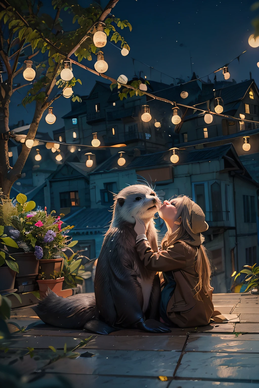 two adorable otters romantically kiss on the rooftop under the enchanting moonlight. masterpiece, volumetric lighting, intricate details