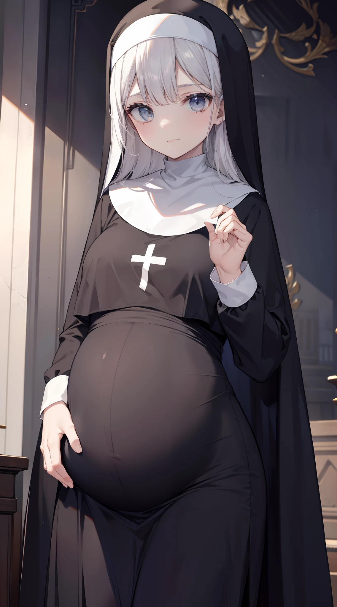 Pure black nun dress, pregnant
