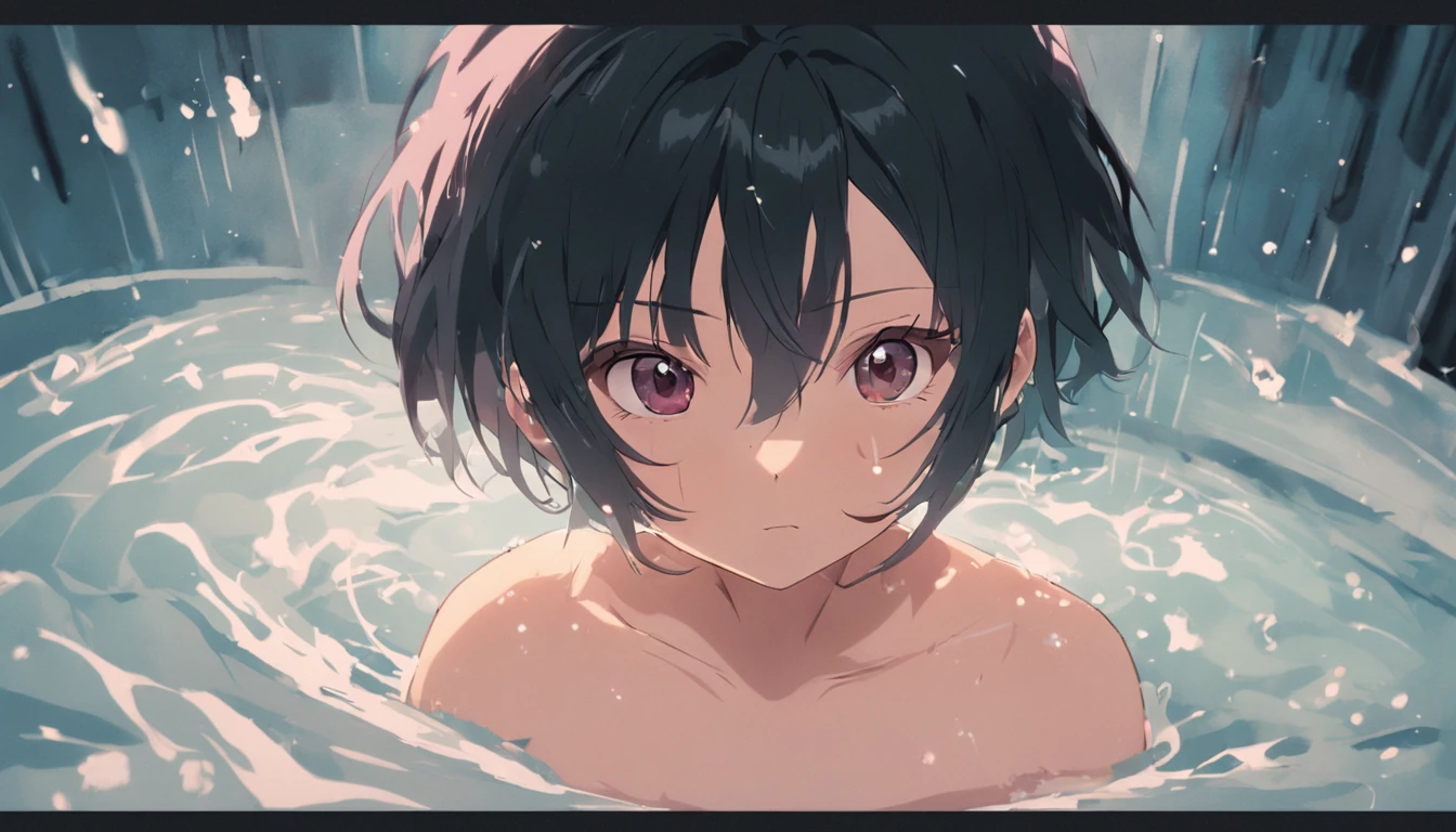 young woman with short black hair slightly cross-eyed in her right eye, midle body, medium breasts coming out of the bath