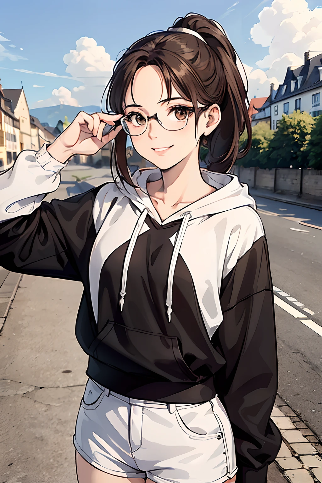 white shorts, black hoodie, young adult, 19 years, European face structure, German face structure, striking brown eyes, beautiful eyes, glasses, black glasses, brown hair, ponytail hair, smile, mid-sized chest, masterpiece, European village background, nature background, old street background