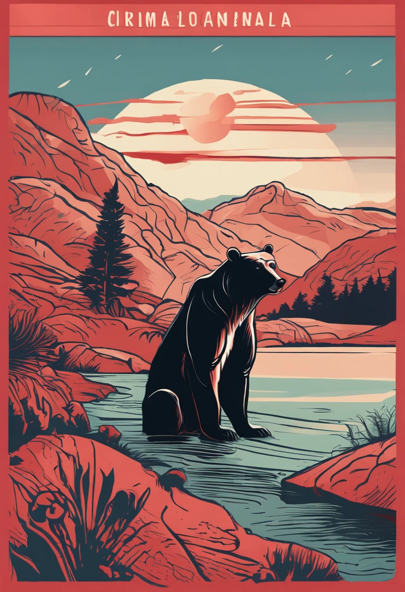 a picture of a black bear from a cg game, in the style of mid-century illustration, symbolic figurative landscapes, light red and silver, vintage poster design, organic art nouveau, saturated pigment pools, woodcut