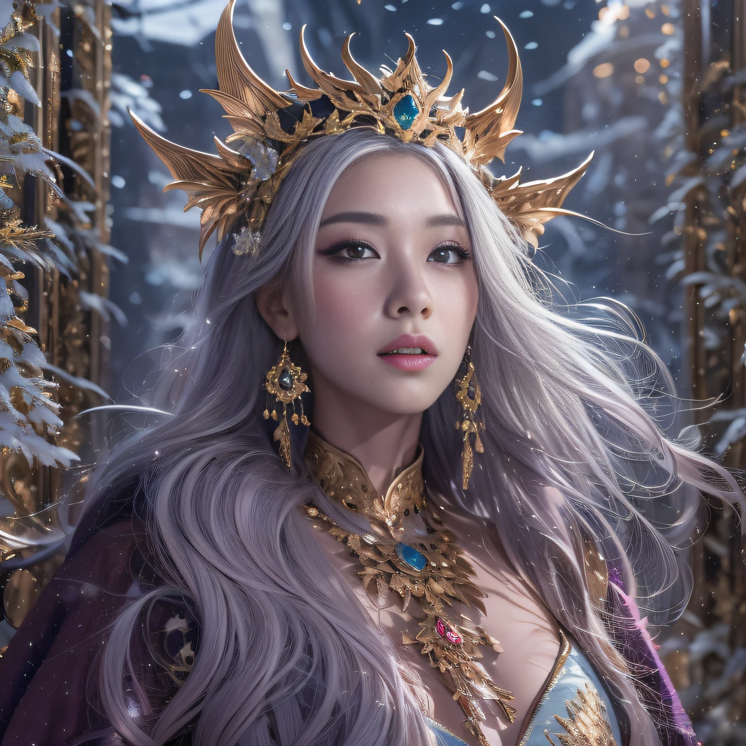 32K（tmasterpiece，k hd，hyper HD，32K）short detailed hair，Gold jewelry area in the back room，Flame Girl ，Yao Lang protector （realisticlying：1.4），Python pattern robe，Purple-pink tiara，Snowflakes fluttering，The background is pure，Hold your head high，Be proud，The nostrils look at people， A high resolution， the detail， RAW photogr， Sharp Re， Nikon D850 Film Stock Photo by Jefferies Lee 4 Kodak Portra 400 Camera F1.6 shots, Rich colors, ultra-realistic vivid textures, Dramatic lighting, Unreal Engine Art Station Trend, cinestir 800，Hold your head high，Be proud，The nostrils look at people