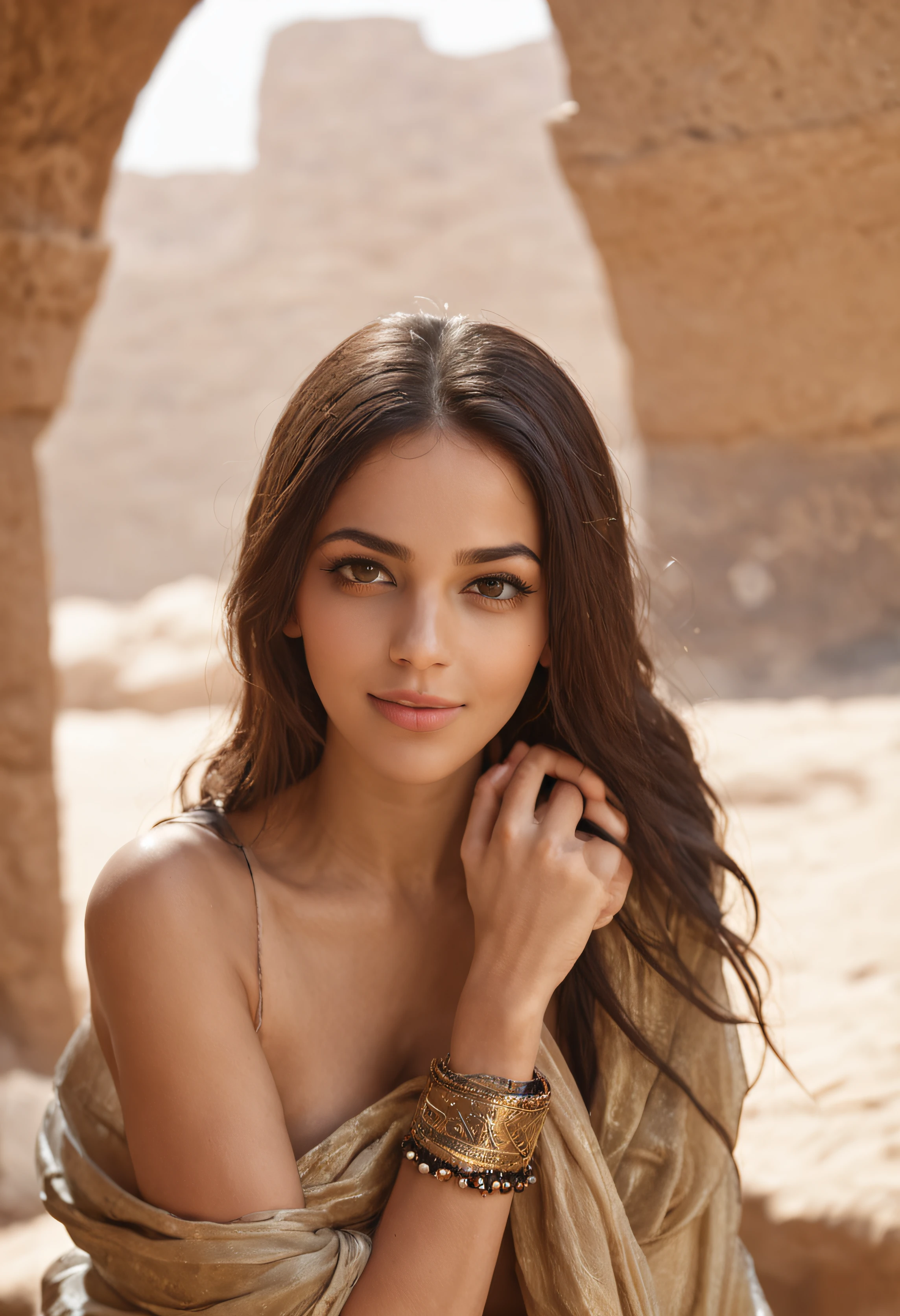 (prospective) Beautiful Egyptians, Sexy Hot, parfait, 23years old, straight haired, long and loose on the legs,, silky golden skin (oily lighting) fleshy lips, Egyptian scarves, Jewelry and Bracelets (Photorealista:Photorealista, 8 km masterpiece), smiling: Organoleptic features, (Textures and environments、Well detailed pure perfect lighting), Bathing in the river, Nile, River Bass, Poses variadas, Various poses