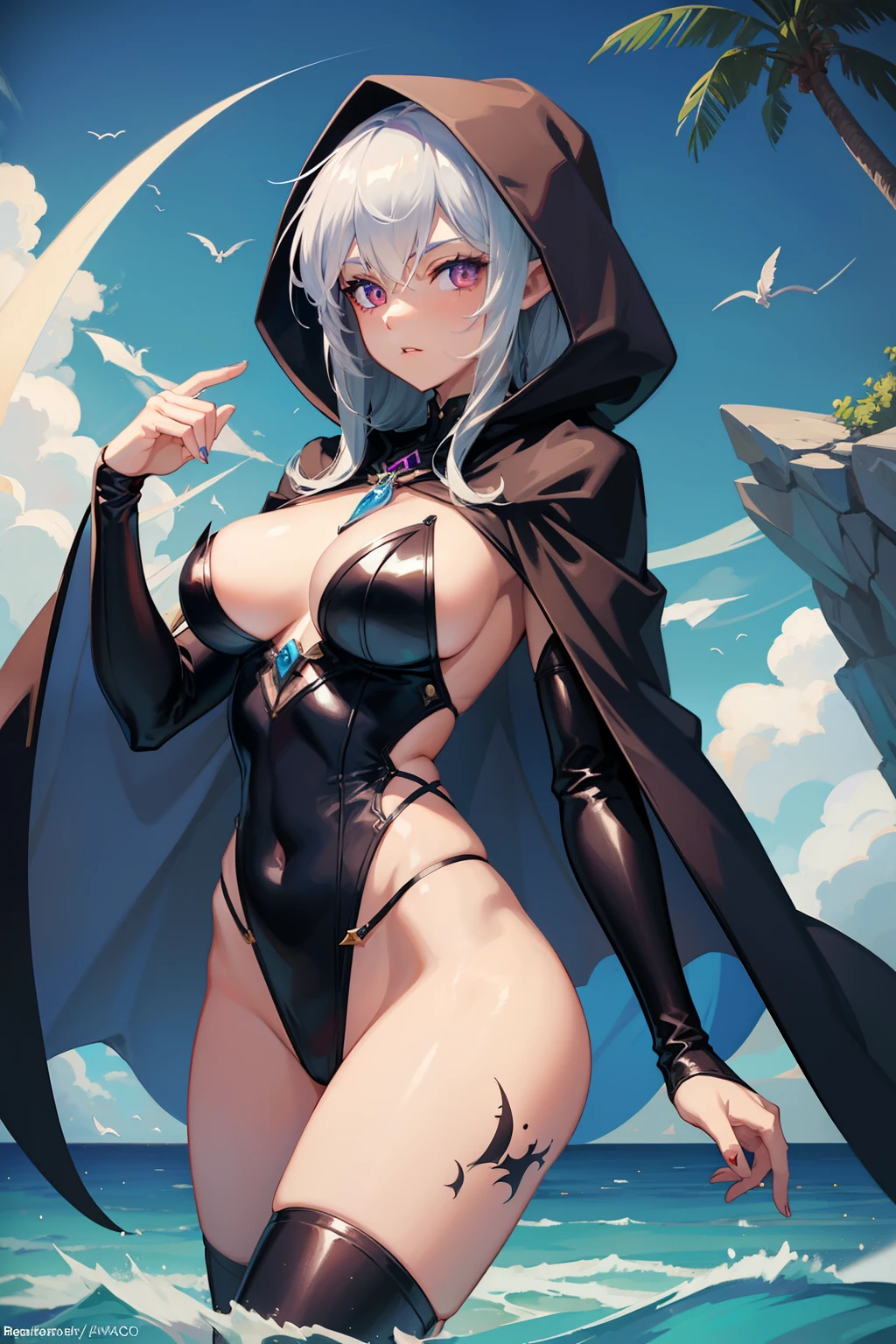 female dark elf mage, no underwear, croatch tattoo, sexy aura, best quality, sexy body shape, cape, hood, shiny accesory, wind effect, water and wind element, petite