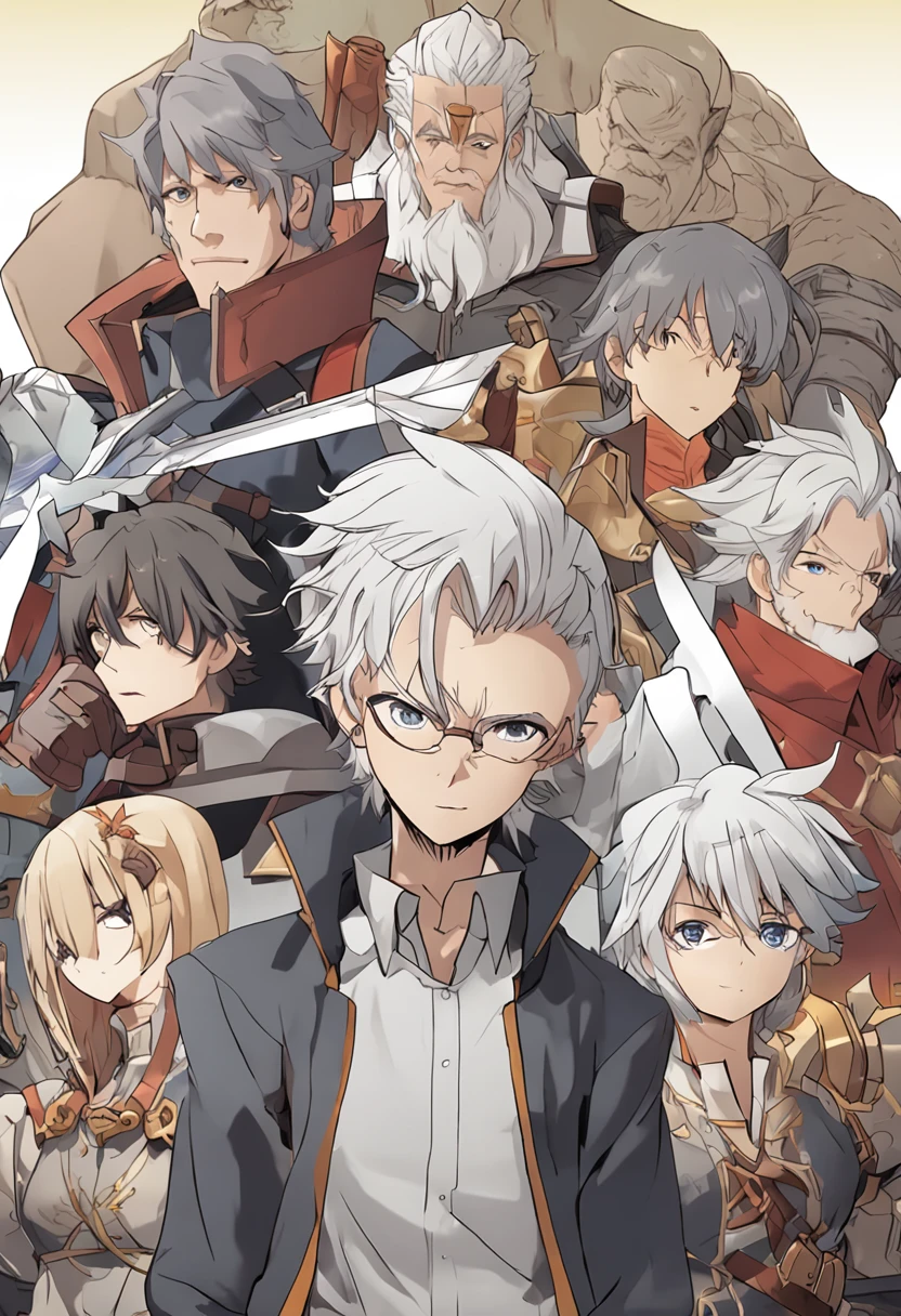 Anime characters with short silver-gray hair and blonde eyes standing in front of the adventurers' guild, Best anime 4k konachan wallpaper, Tall anime guy, Silver-gray hair, Anime art wallpaper 4k, Anime art wallpaper 4 K, Key anime art, 4K manga wallpaper 35 years old man anime character short silver gray hair, Light golden eyes, Strong body, Strong bear, Height 198 cm, Weight 180 lbs, Mature faces, Humble temperament, Full body like, Slightly chubby body, Muscles, golden pupils, wearing yellow, arm vests, arms, shoulders, tomahawks, tall as a mountain, grey hair, short hair, grin, smirk, cinematic lighting, UHD, ccurate