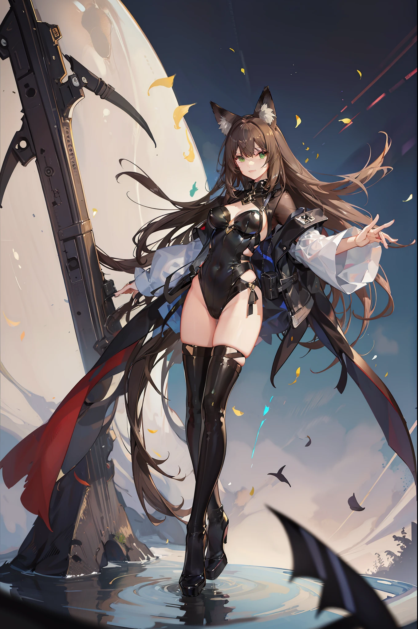 one woman, fox ears, fox tail, bunny suit, brown hair, green eyes, leotard, latex, leather, sexy, masterpiece, good hands, good fingers, good legs, good feet, good eyes, long hair,
