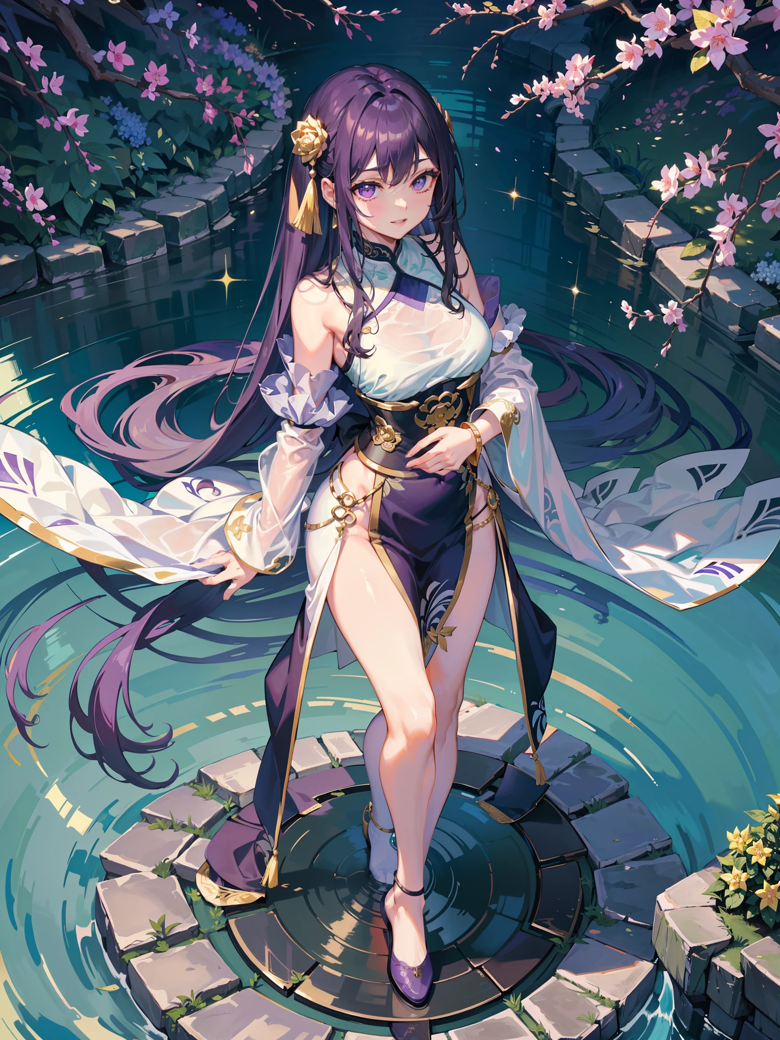 （8 K，Optimal image quality），The viewing angle is from top to bottom，femele，Hand refinement，Black waist-length hair，Purple eyes full of love，Golden pupils，Pursing his lips，A shallow smile，The purple fringed shawl is decorated with a moire pattern of solid gold thread，White silk long-sleeved hanfu，Fold your hands on your abdomen，On his wrist he wears a moire ice blue jade bracelet，Standing in the octagonal pavilion in the courtyard of the ancient house，Surrounded by rockeries and flowing water，The cobblestone path is surrounded by low lilac azaleas