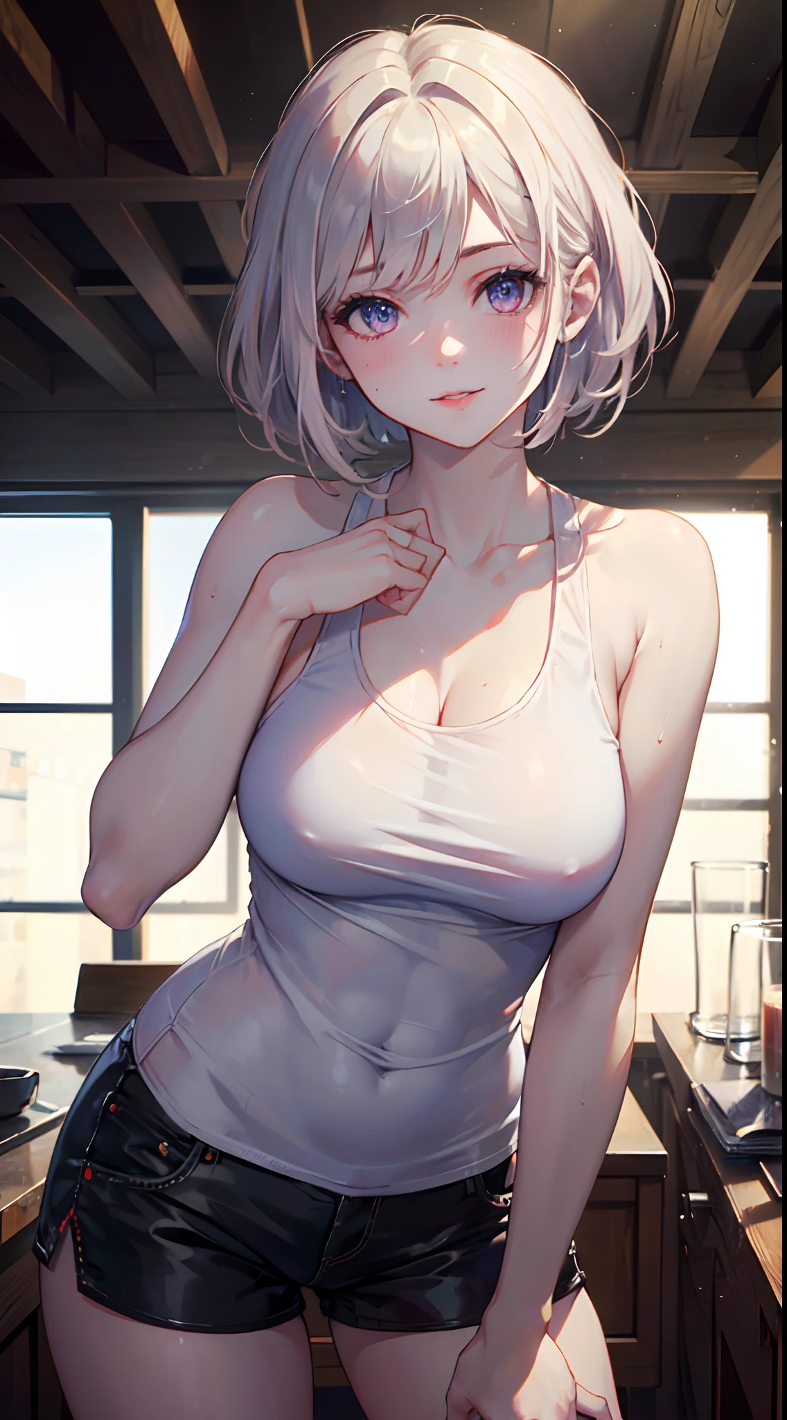 ((((masterpiece, best quality, high resolution)))), Extremely detailed 8K, Beautiful girl with voluptuous body, (Ultra HD, Ultra-detailed, Highly detailed, Highly realistic, Ultra-realistic, photograph realistic), (1girl:1.5), (Realistic white hair), short wavy hair, bob cut, (dynamic poses), facing at camera, light smile, parted lips, purple eyes, average breasts, (beautiful detailed face, beautiful detailed eyes), thin white tank top, black shorts, glow, sweat, (sunbeam, sunlight)