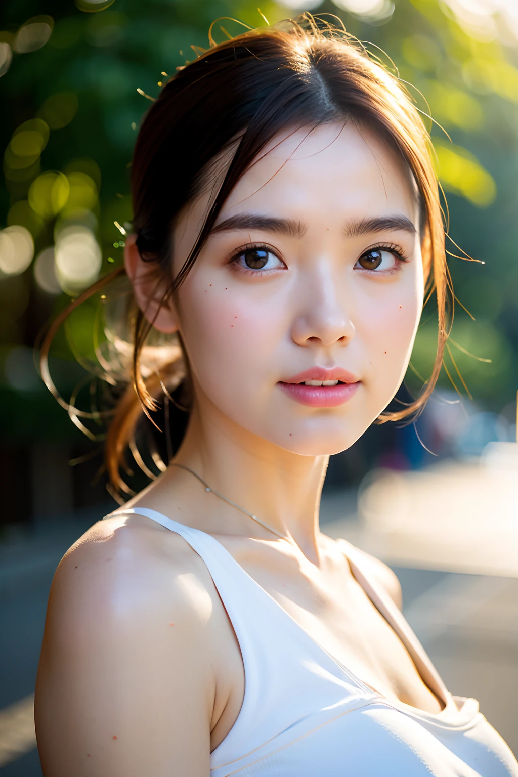 exteriors，White miniskirt，20岁女孩，the golden ratio，Contre-Jour:1.5，high detailed skin detail:1.5