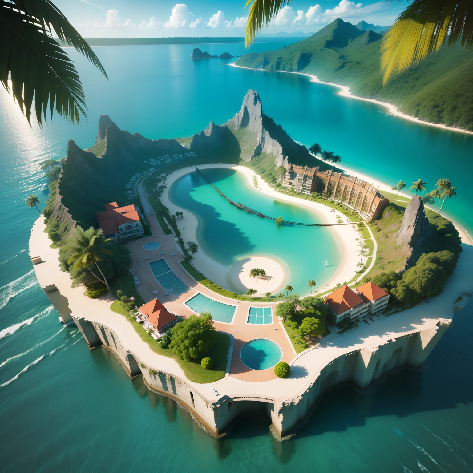 Beautiful very realistic large lagoon, Inside an island in the sea around the jungle, Beautiful hotel on the coast, 3D top view