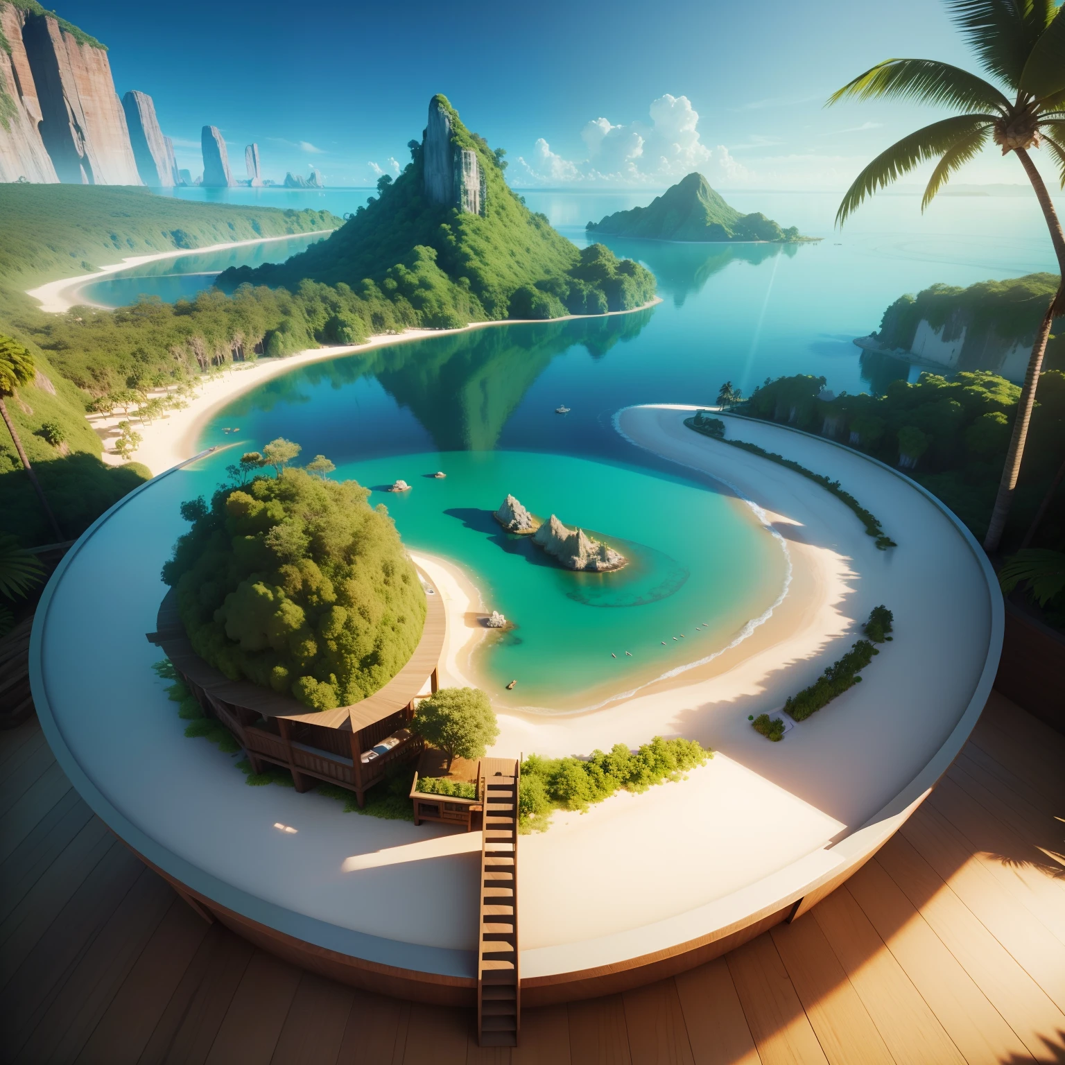 Beautiful very realistic large lagoon, Inside an island in the sea around the jungle, Beautiful hotel on the coast, 3D top view
