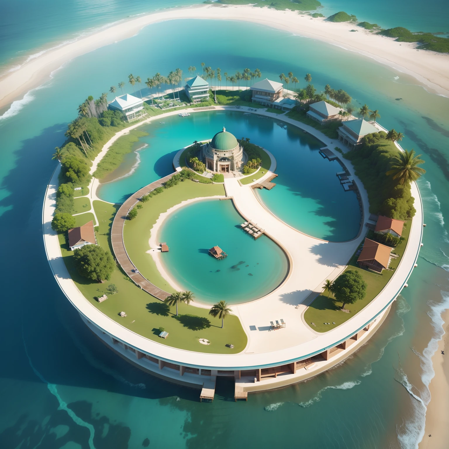 Beautiful very realistic large lagoon, Inside an island in the sea around the jungle, Beautiful hotel on the coast, 3D top view