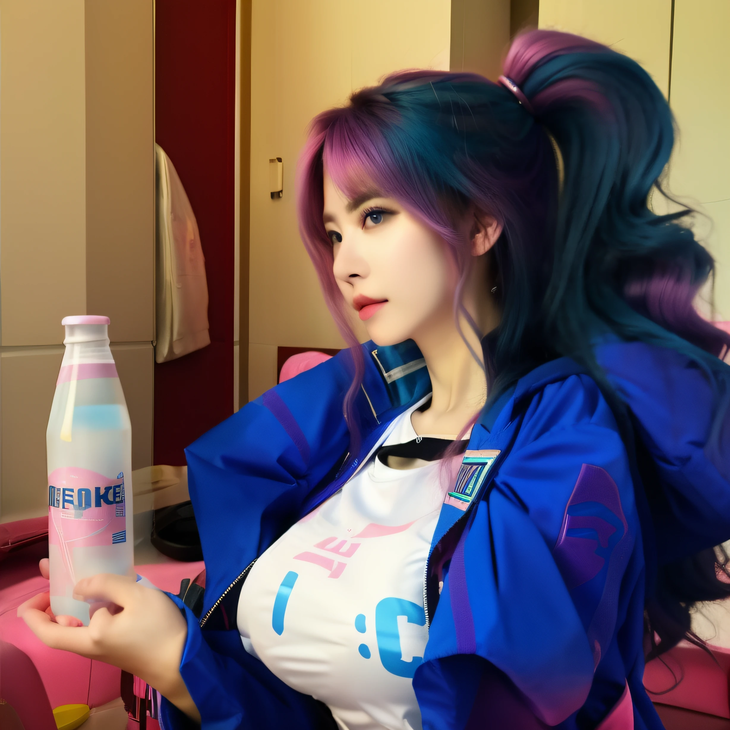 8k, 1girl, big breast, long hair, pink hair color, blue jacket, masterpiece, ultra graphic, ultra design.
