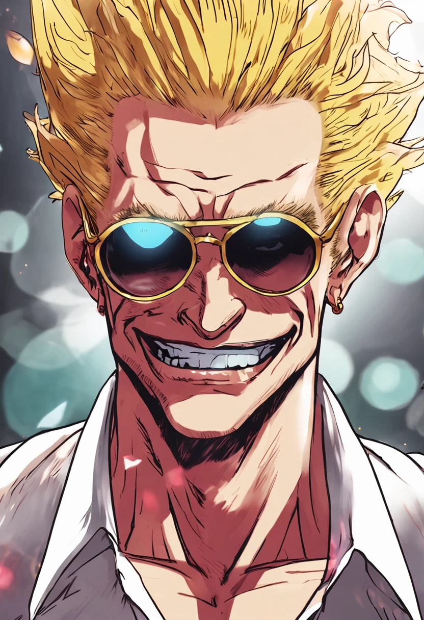 Draw a Doflamingo from One Piece，golden hair，Big red sunglasses，Close-up，Biased towards the style of Hayashida Ball，Alien Beast Demon Capital，k hd，Particularly detailed facial depiction