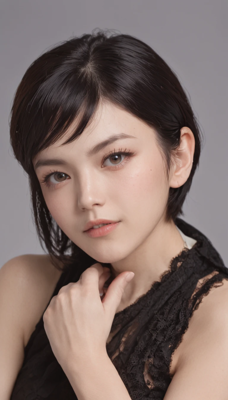 (Best quality, 8k, 32k, Masterpiece, UHD:1.2),Photo of Pretty Japanese woman, large breasts, very short bob hair,upper body,face focus,oversized_sweater, necklace, simple background, from above, looking at viewer,