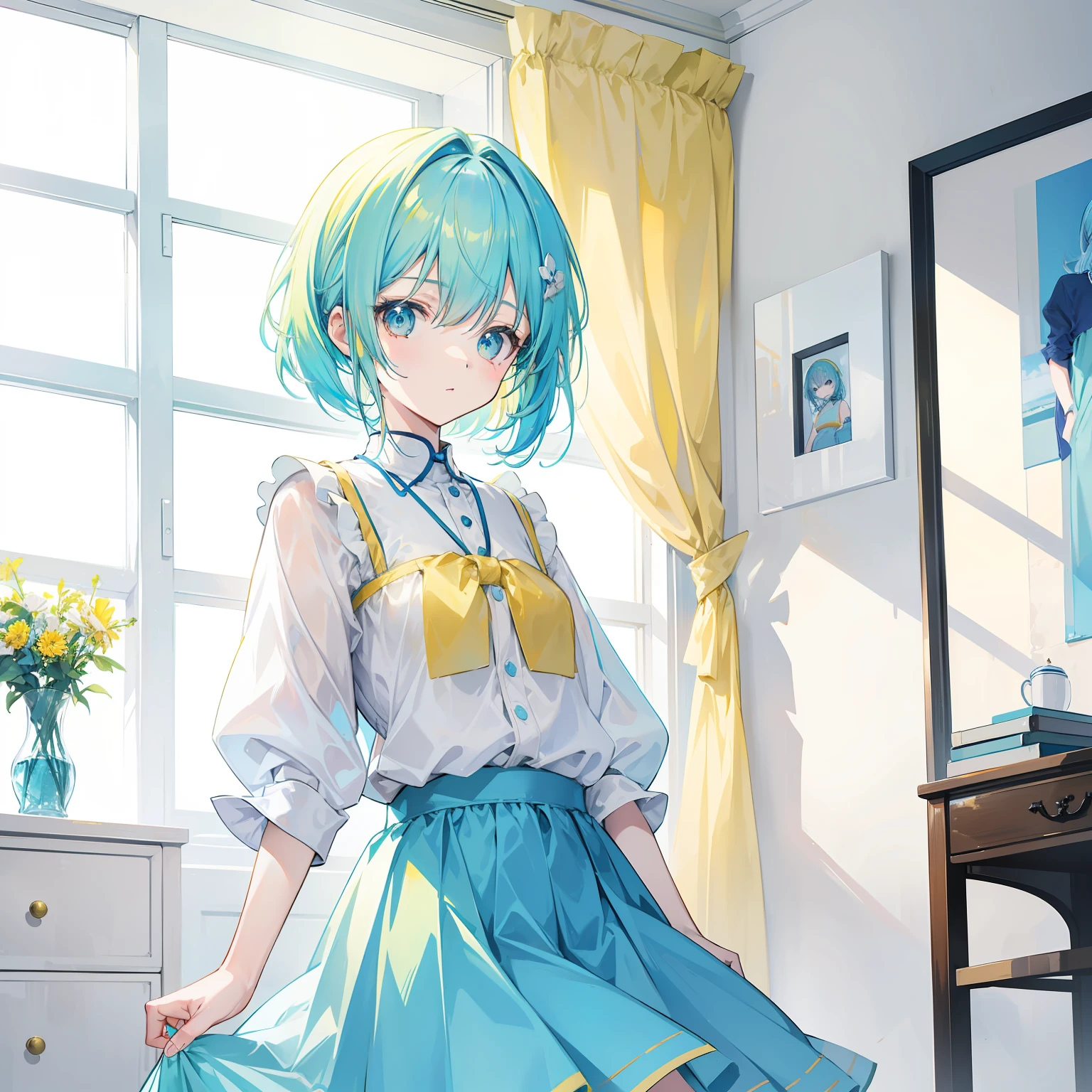 Bright light yellowish blue hair,Light yellow and light blue clothes,A cute cute girl