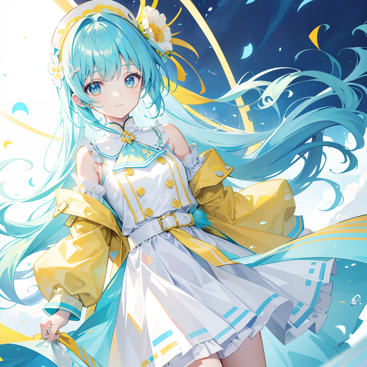 Bright light yellowish blue hair,Light yellow and light blue clothes,A cute cute girl