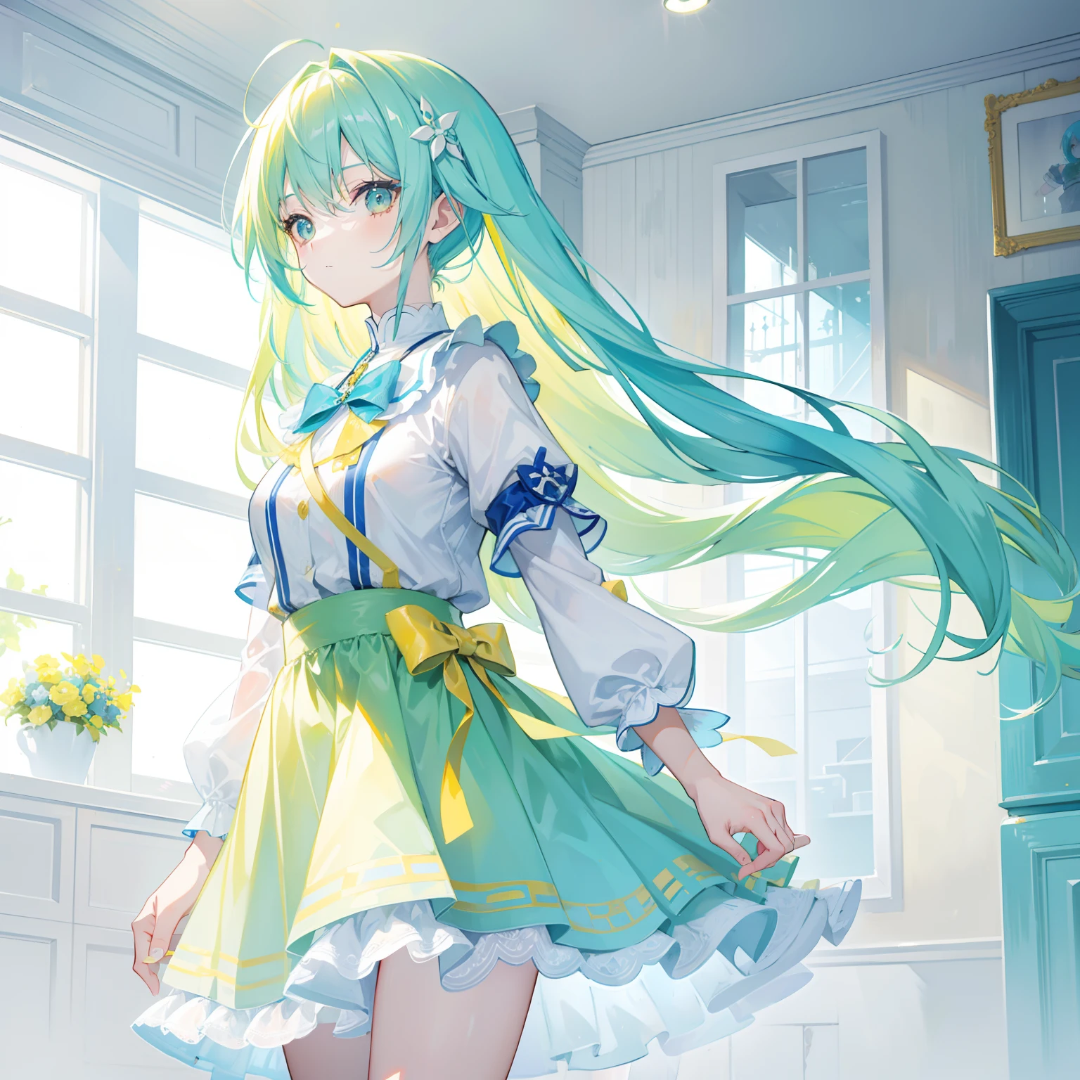 Bright light yellowish blue hair，Light yellow and light blue clothes，A cute cute girl