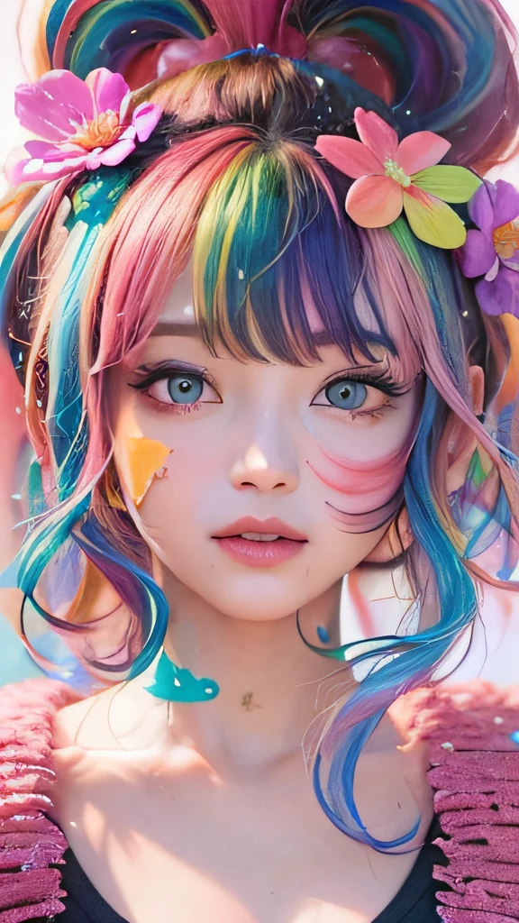 Full body portrait、Harlake Inn、(Pink fashion T-shirt:1.9)、(colourful hair:1.8)、(all the colours of the rainbow:1.8)、(((Vertical Painting:1.6)))、(painterly:1.6)、frontage、comics、illustratio、painterly、big eye、Sheer eyes、(Iridescent gradient high ponytail:1.7)、Exquisite makeup、Keep your mouth shut、(Small fresh:1.5)、(Wipes breasts:1.6)、long eyeslashes、White off-the-shoulder T-shirt、White shoulder shirt、looking at the spectator、large watery eyes、(rainbow-colored hair:1.6)、color splashes、 (独奏:1.8), color splashes, explosion of colors, Thick paint style, Messy lines, ((glinting)), (colourfull), (colourfull), colourfull, colourfull, Chic paint style, (Splash) (color splashes), Vertical Painting, The upper part of the body, paint splashes, Acrylic Pigment, gradients, paint, top-quality, top-quality, masterpiece,, 独奏, depth of fields, facepaint, colourful clothes, (Elegantly: 1.2), Gorgeous,length hair, the wind, (Elegantly: 1.3), (flower petals:1.4)、((((masterpiece、)))、(top-quality)))、((Super Details))、(illustratio)、(dynamic ungle)、((Planktonic))、(paint)、((dishevled hair))、(独奏)、(1girl in)、(((Detailed Anima Face)))、((Beautiful detail face))、With collar、Plain shoulders、white hair、((colourful hair))、(((striated hair))、beatiful detailed eyes、(Gradient color eyes)、((Colorful eyes))))、(colorful backdrop))))、((((a high chroma))))、(((Surrounded by colorful splashes)))、