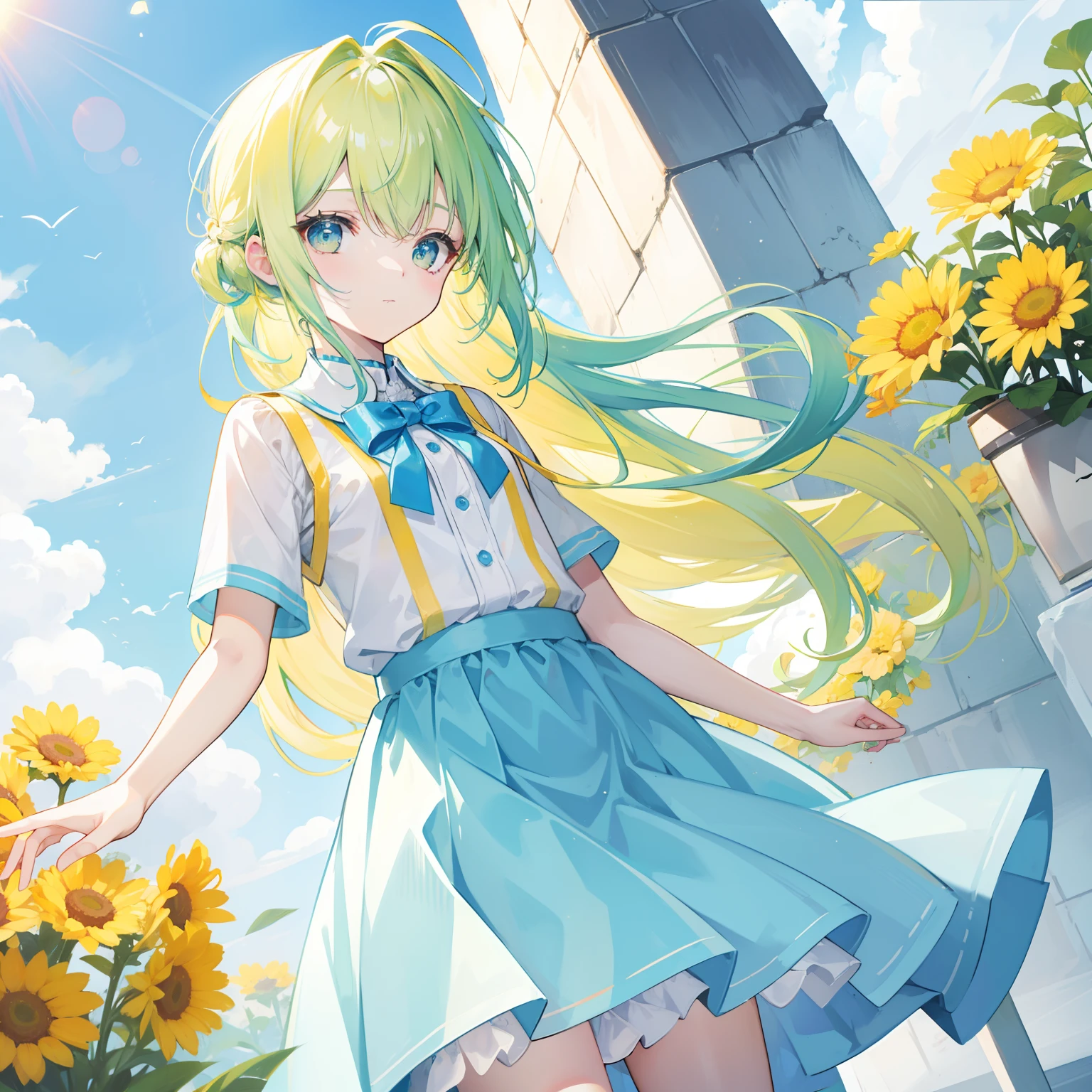 Bright light yellowish blue hair，Light yellow and light blue clothes，A cute cute girl