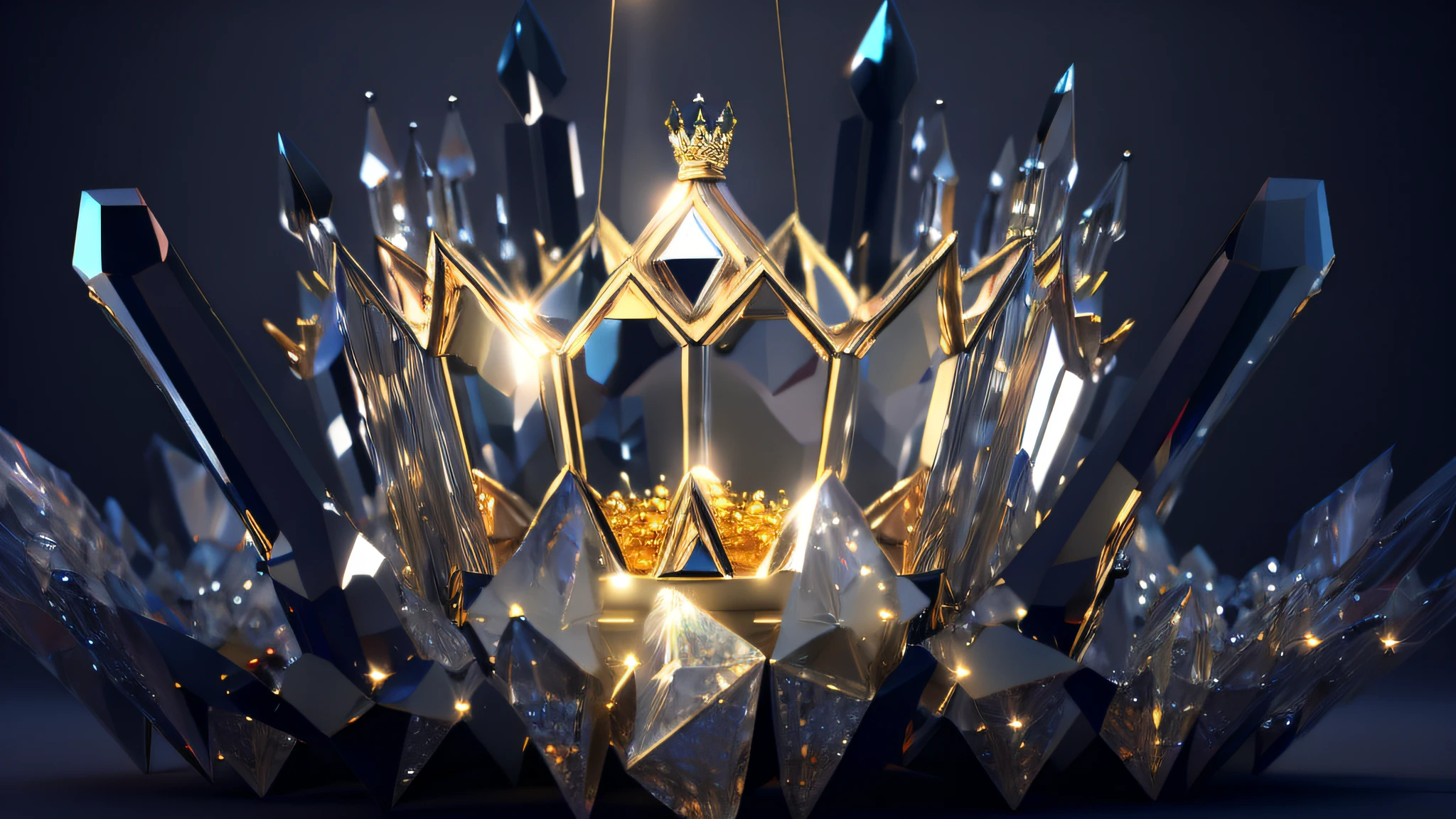 There is a very large crystal crown，There is a golden crown at the top, crown of giant diamonds, Crystal crown, rendered in cinema 4 d, Rendered in Cinema4D, crown of white diamonds, rendered in keyshot, luxury hd render, rendered in cinema 4 d octane, luxcorerender, gold crown, Jewel Crown, rendered in houdini, Golden crown