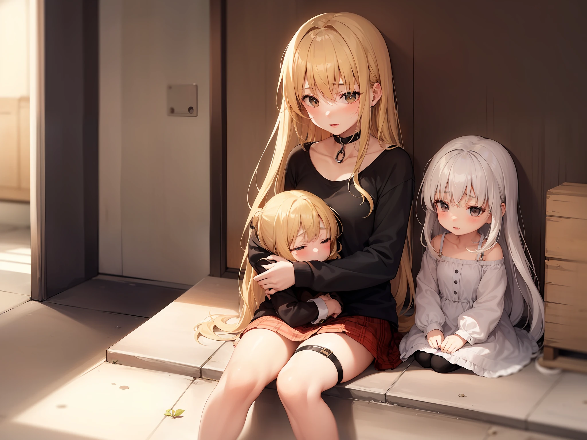  girl with blonde hair and hazel eyes with 4 year old giwhite hair and hazel eyes, Looking at the scenes while hugging, A little scared and poor sleeping in the streets.