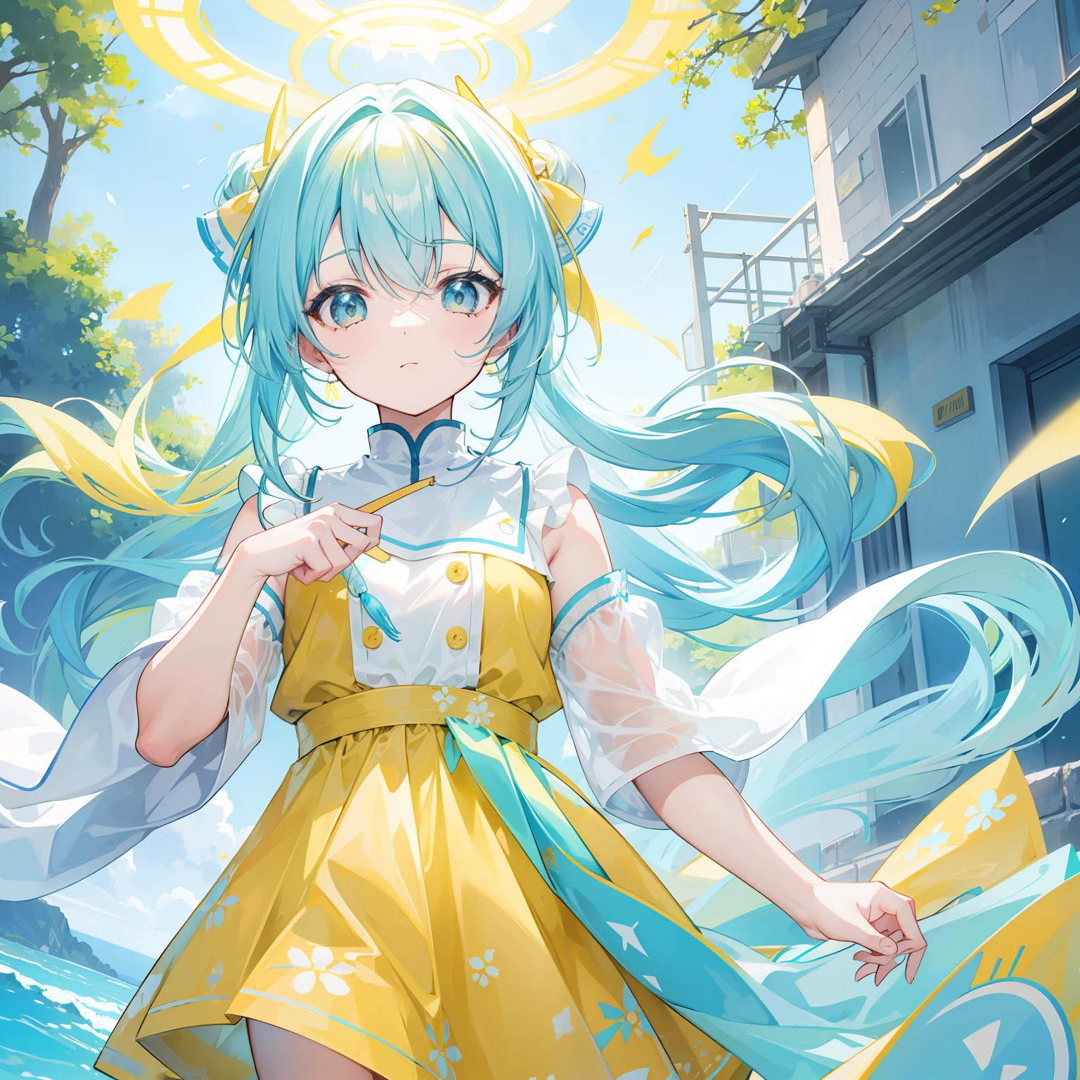 Bright light yellowish blue hair,Light yellow and light blue clothes,A cute cute girl