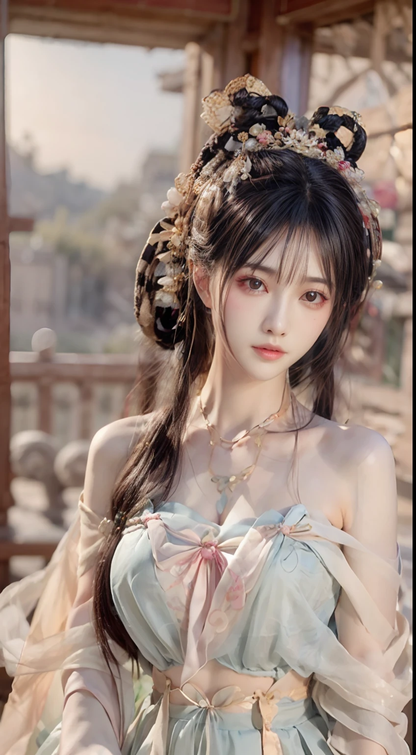 Bust photo, face close-up, face shot, a beautiful woman, messy hair, girly, symmetrical bun, hair accessories, jewelry, delicate face, (suspenders: 1.5), (high split lower skirt 1.7), (many patterns: 1.5), crop navel, open belly, Dunhuang style, a lot of streamers, delicate skin, soft light effect, delicate and smooth hair, delicate details, eye highlights, fair skin, fine portrayal, extreme details, cinematic quality, thin, slender, broken, hair details, thin bangs, shawl hair, right body, shadow, air bangs, 8K, super fine, fine fabric texture, soft, smooth, smooth texture, ((Dunhuang style)) )))), delicate patterns, correct hand painting,