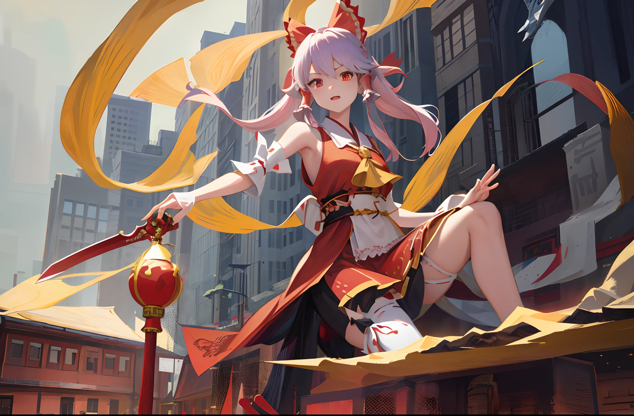 anime girl with a sword and a red dress in a city, by Yang J, G Liulian art style, Onmyoji detailed art, Artgerm on ArtStation Pixiv, A beautiful artwork illustration, artistic renderings of Reimu Hakurei, high detailed official artwork, Deviantart ArtStation CGSCOSIETY, author:Shitao