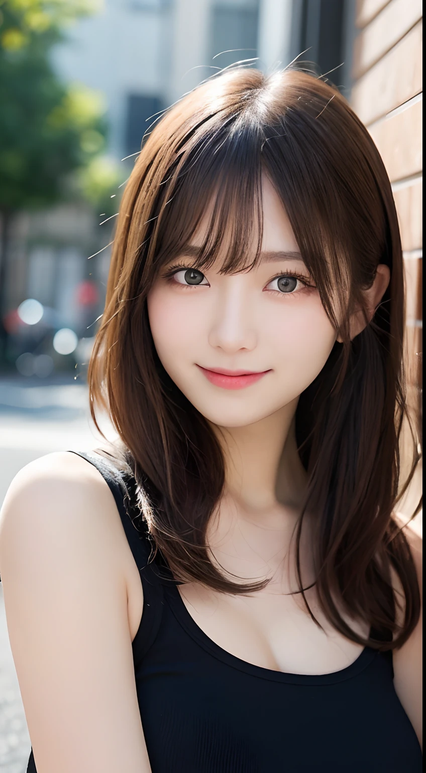 masutepiece, Best Quality, Illustration, Ultra-detailed, finely detail, hight resolution, 8K Wallpaper, Perfect dynamic composition, Beautiful detailed eyes, Women's Fashion Summer,Medium Hair,Small breasts natural color lip, Bold sexy poses,Smile,Harajuku、20 years girl、Cute、Sexy shot looking at camera