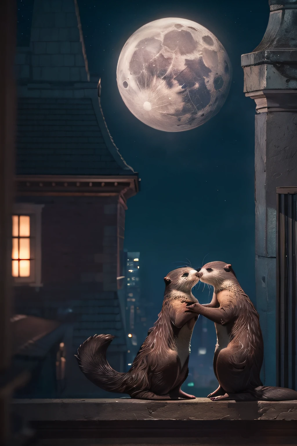 two adorable otters romantically kiss on the rooftop under the enchanting moonlight. masterpiece, volumetric lighting, intricate details