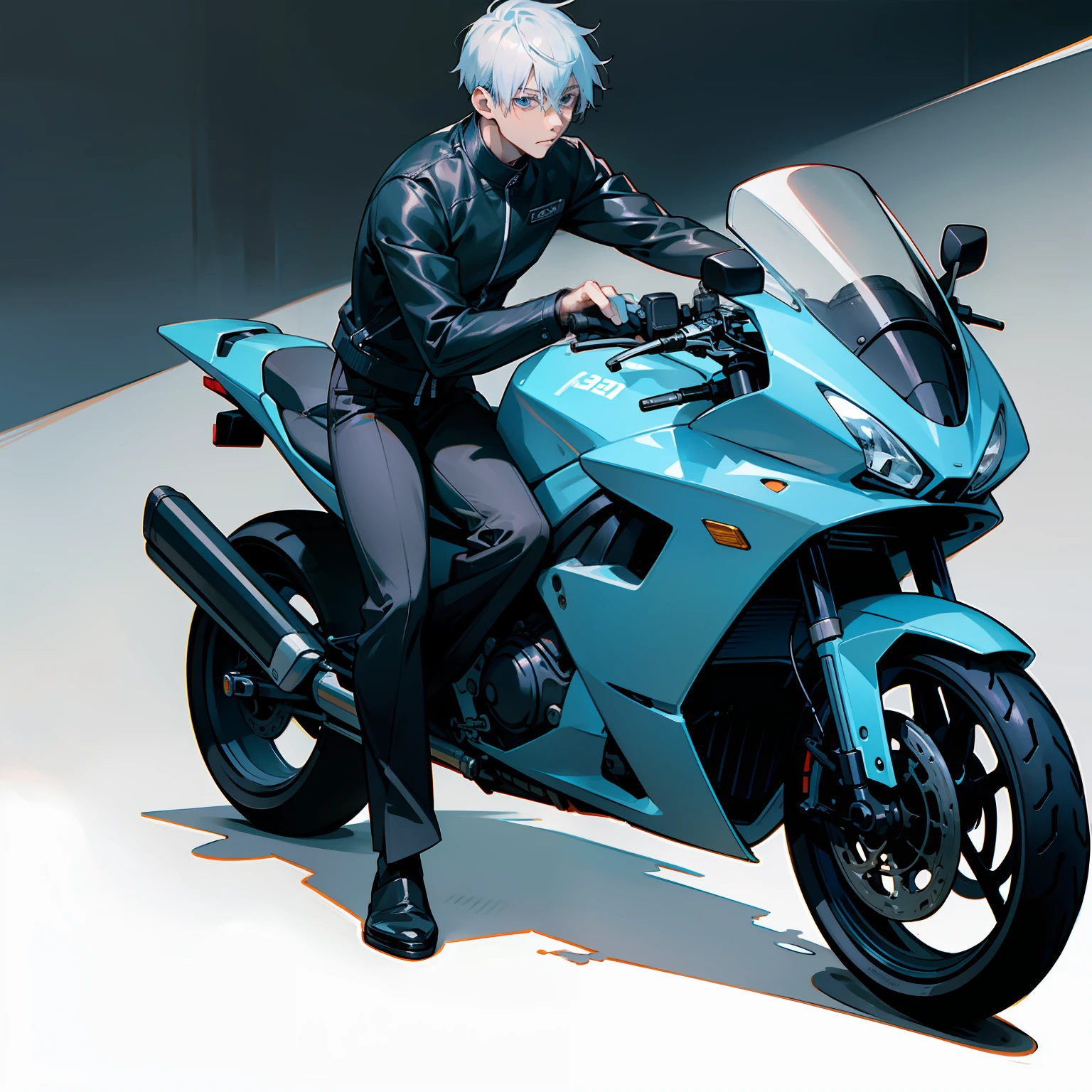 1 Men, Gojo Satoru of Jujutsu Kaisen, Handsome, with short white hair, crystal blue eyes, Wear a motorcycle leather jacket, Sit on a sports motorcycle