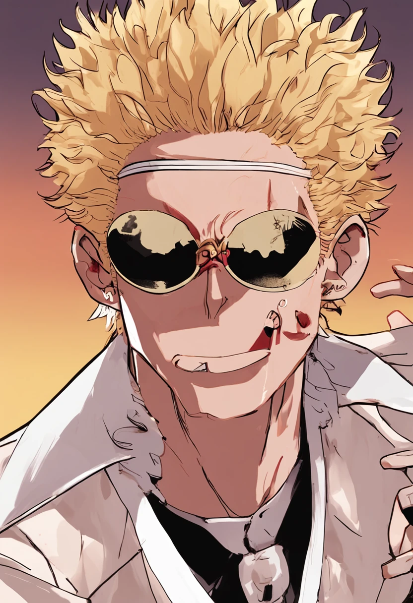 Draw young Doflamingo from One Piece,Golden hair,Big red aviator sunglasses,Mid-range,Biased towards the style of Hayashida Ball,k hd,Particularly detailed depiction of the face