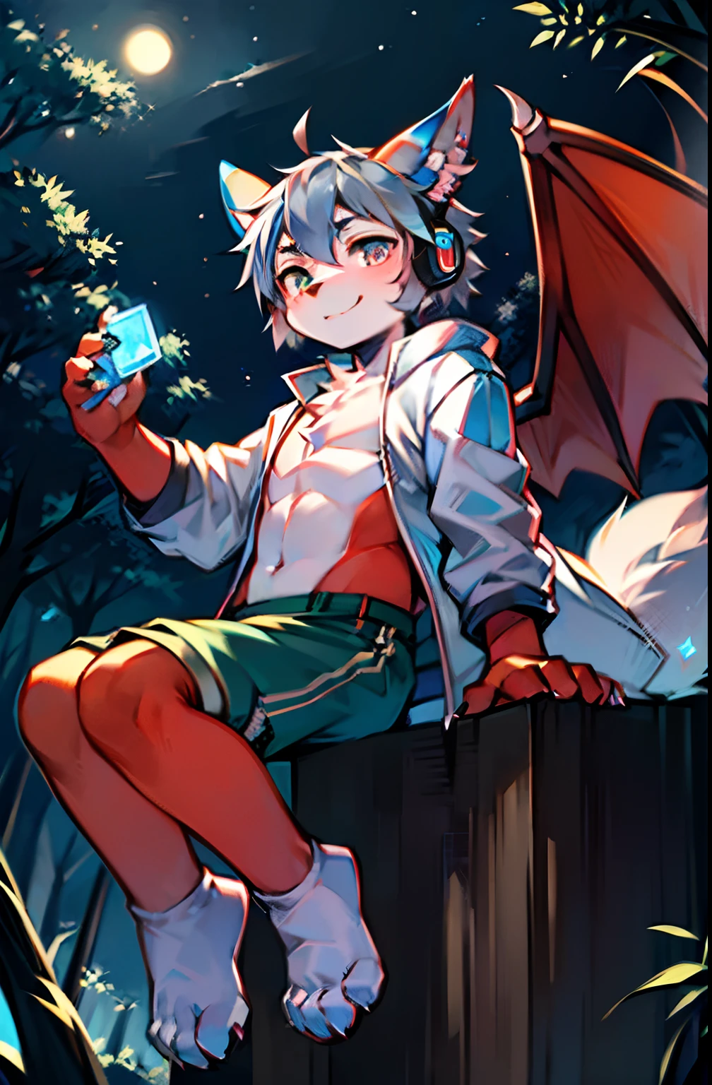 lewd eyes, in a panoramic view，Character focus，Full body like，独奏,solo person， Correct human anatomy。male people，Furry male wolf（Dragon and wolf combined），eyes blue，red colored skin，A pair of dragon wings, Gray hair(The long），Wear white ear headphones，There is a pair on the forehead（small）Blue horn fluorescence，In the forest，the night，starrysky，On a cliff，Take control of the magic，Ice floating all around，White down jacket，grey shorts，Sports socks，Looking at the night sky，ssmile，DOA，Young style，height of one meter seven，Handsome， There is a wolf tail，k hd，8K，1440*2048