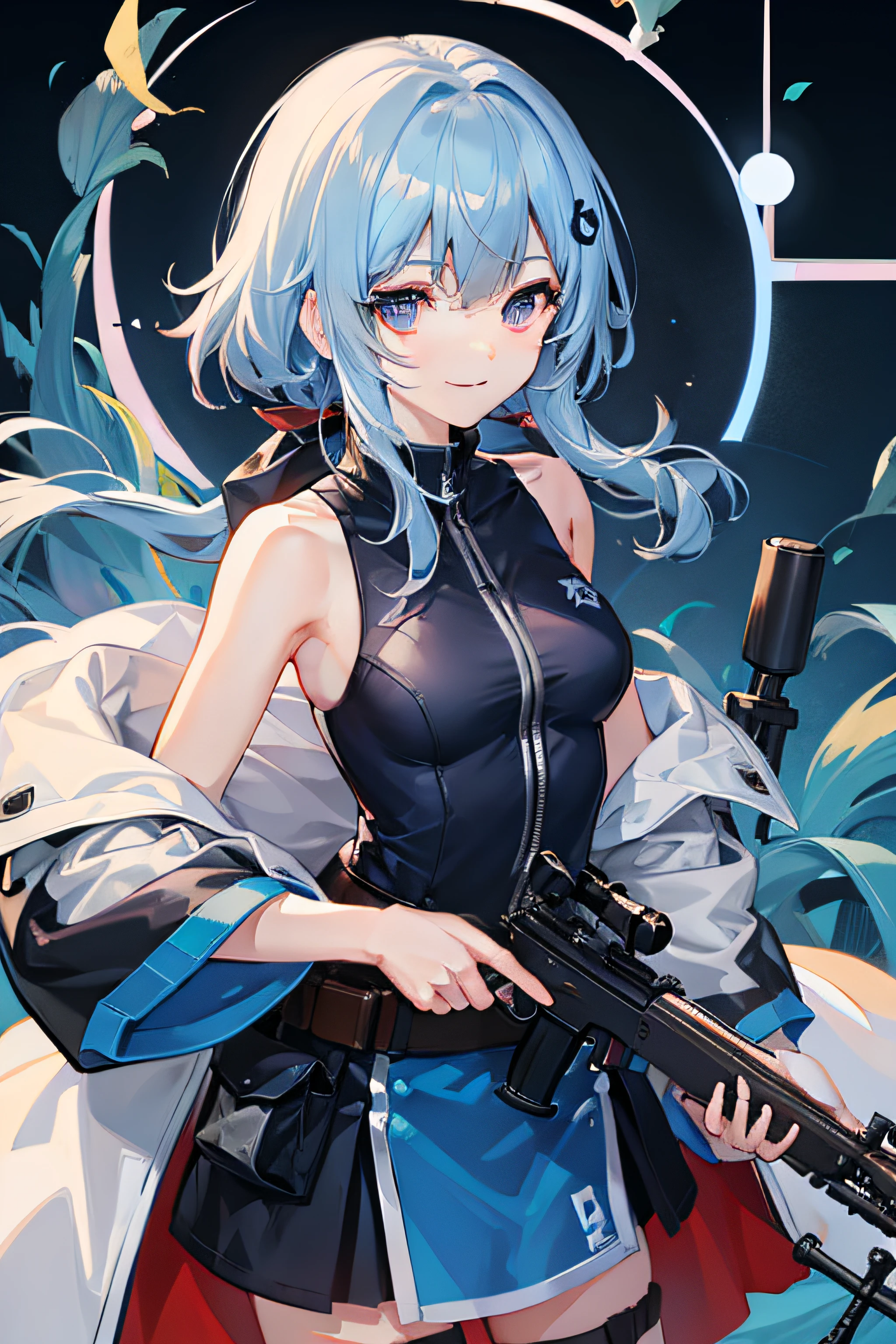 sniper、shooting、shoun、blue hairs、Fishing eyes、8kresolution、Hair to shoulders、cocky、a smile、Powerful background