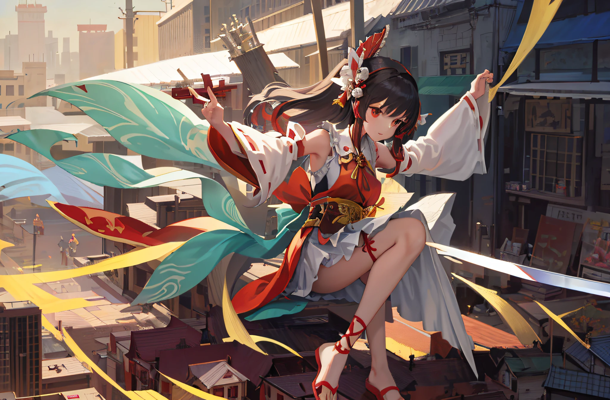 anime girl with a sword and a red dress in a city, by Yang J, G Liulian art style, Onmyoji detailed art, Artgerm on ArtStation Pixiv, A beautiful artwork illustration, artistic renderings of Reimu Hakurei, high detailed official artwork, Deviantart ArtStation CGSCOSIETY, author:Shitao