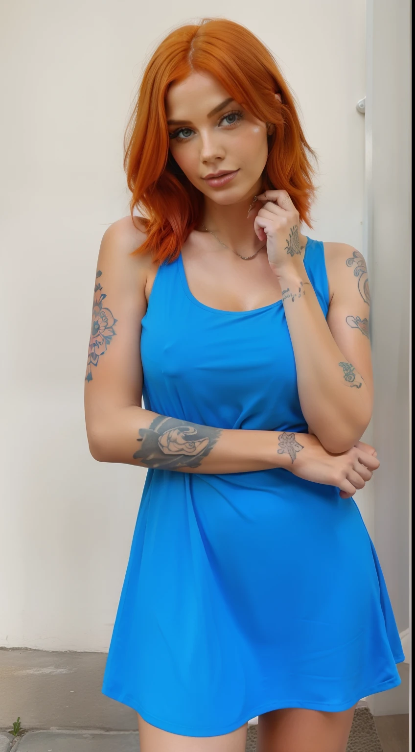 Orange hair woman with a tattoo on arm blue dress with polka dots