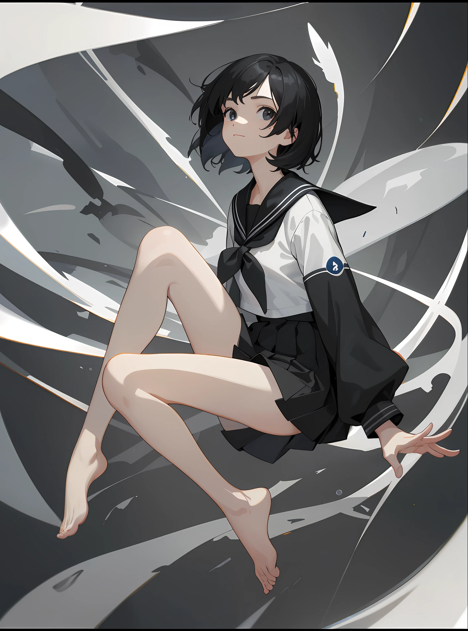 [(Transparent background:1.5)::5],(((Masterpiece))),(((Best quality))),(((Extremely detailed))),illustration, 1girll,Solo,mysterious,（a sailor suit）, (Short black hair),(Completely black eyes), full bodyesbian,Barefoot,short detailed hair,The Void, Dome,Close up,Dynamic actions,Lens perspective,(((Box composition))), voluminetric lighting,, Detailed eyes, ultra - detailed,Light smile, Highly detailed, Beautiful, small detailed, Ultra detailed,（ paleskin），（Floating），Best quality, Intricate, 4K, 8K, trending on artstationh, Good anatomy, Beautiful lighting, Award-winning,