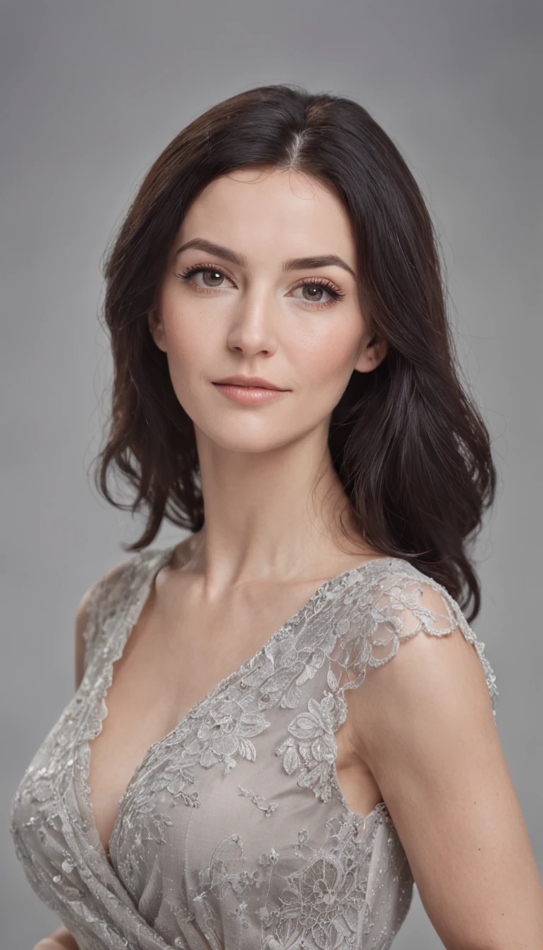 age 40 years, Russian Lady, black medium hair, Realistic photography, black hair of medium length, expressive and bright black eyes, delicate features, freckles, soft, rounded chin. Bright skin in natural tones,,, Business appearance, 1.68 to 1.Height 70 meters, Slim and athletic, Soft curves. business attire, Modern style, sits with a laptop, Formal and sophisticated clothing, perfect eyes, Realistic background